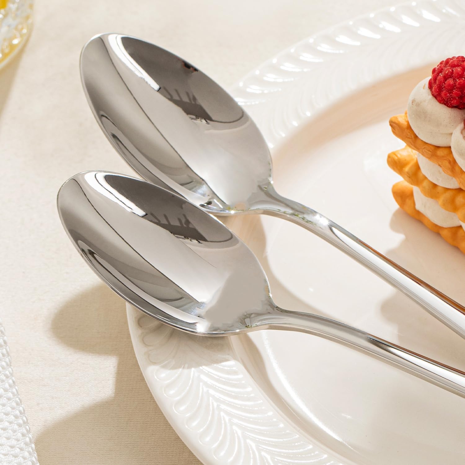 KINGSTONE 4 Piece 8.15inches 18/10 Stainless Steel Spoons Set and 8.9-Inches Stainless Steel Dinner Knives Set of 4, Spoons and Dinner Knives for Home, Kitchen, Weddings, Parties, Dishwasher Safe