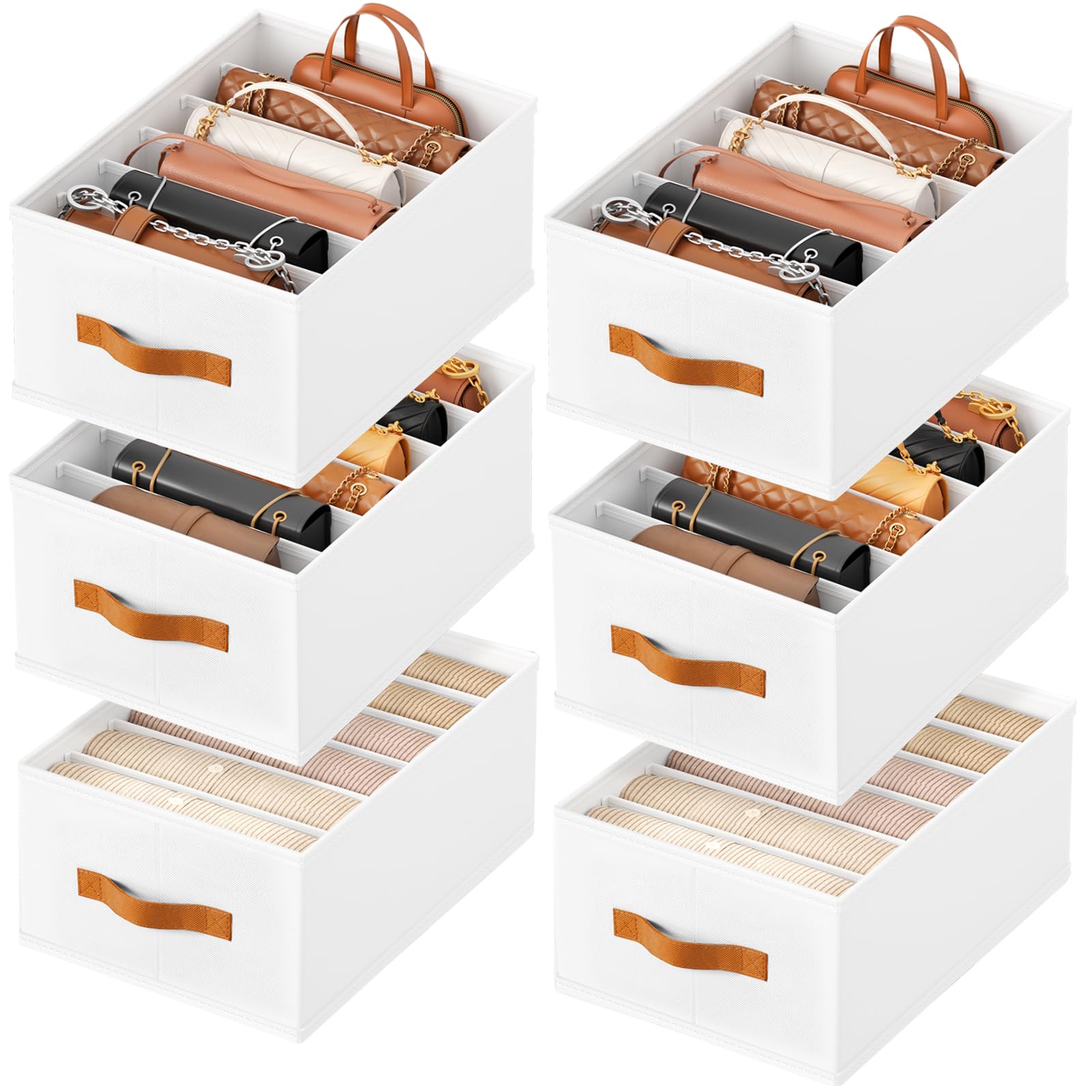 Homsorout Clothes Organizers and Storage - 4/5/7 Grids Fabric Jeans Organizer with Handles, Foldable Closet Organizers Dividers, Wardrobe organizer for Pant, Sweater, T-shirt, Scarf, 6 Pack, Beige