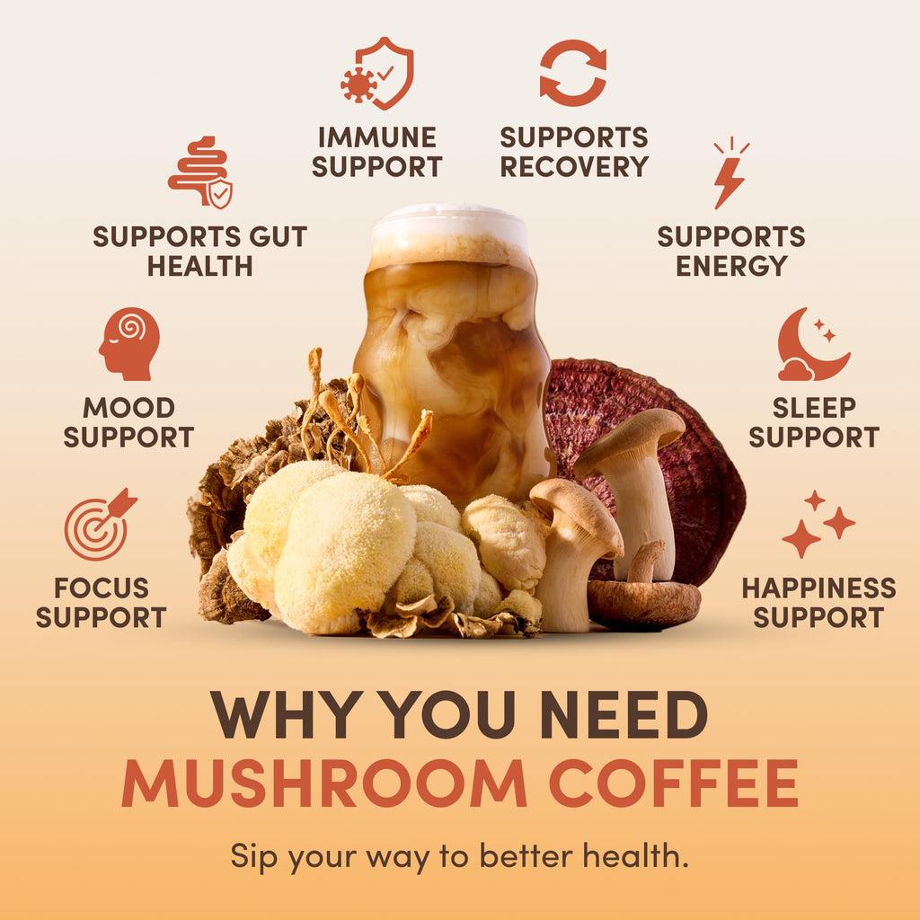 RYZE SUPERFOODS Mushroom Medium Roast Coffee Starter Kit, USDA Organic Instant Coffee with 6 Adaptogenic Mushrooms and for Energy, Focus, Digestion, Immunity with Lions Mane & Turkey Tail 60 Serving