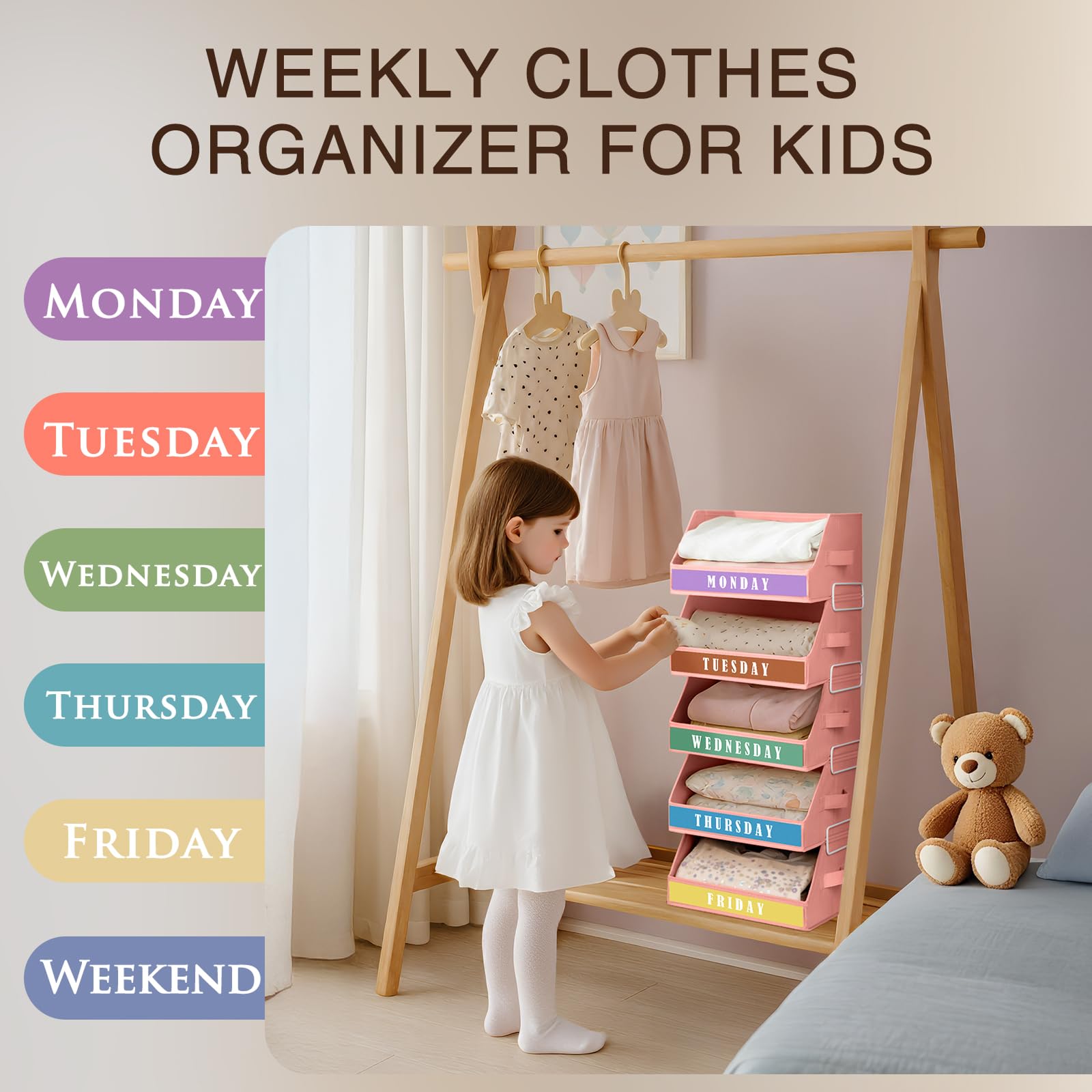 Homsorout Closet Organizers and Storage - 5 Tier Shelf Organizer with Weekly Labels, Stackable Storage Bins with Metal Frame, Foldable Cube Bins, Home Baskets for Kids and Adults, Beige
