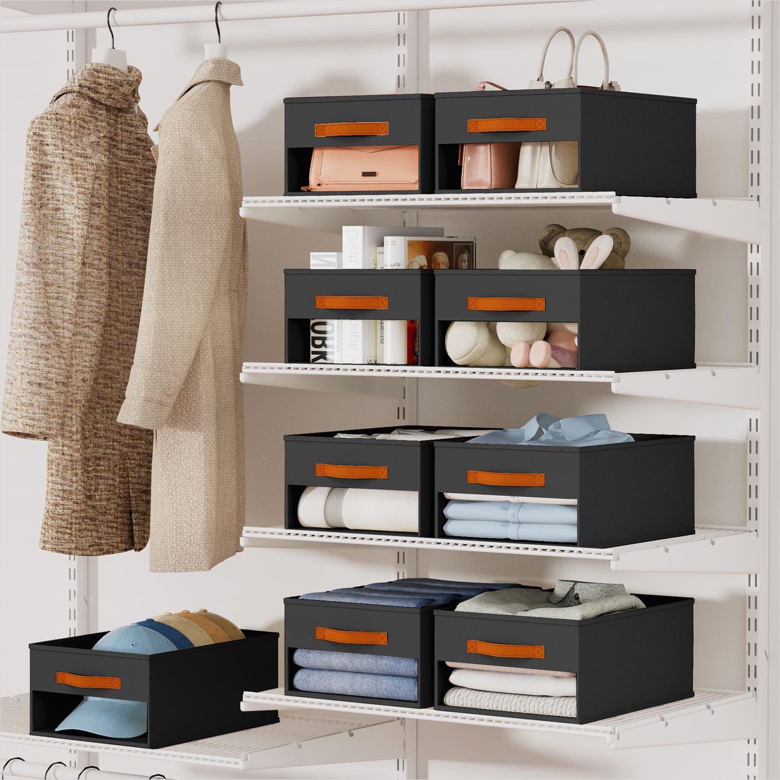 Homsorout Clothes Organizers and Storage - 4/5/7 Grids Fabric Jeans Organizer with Handles, Foldable Closet Organizers Dividers, Wardrobe organizer for Pant, Sweater, T-shirt, Scarf, 6 Pack, Beige