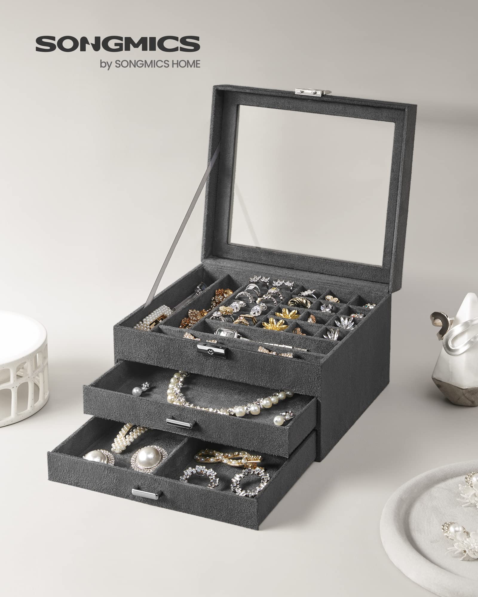 SONGMICS 3-Tier Jewelry Box, Travel Jewelry Case with Handle, 2 Drawers, Lockable Jewelry Organizer with Mirror, Jewelry Storage, Modern Style, Gift for Loved Ones, White UJBC154W01