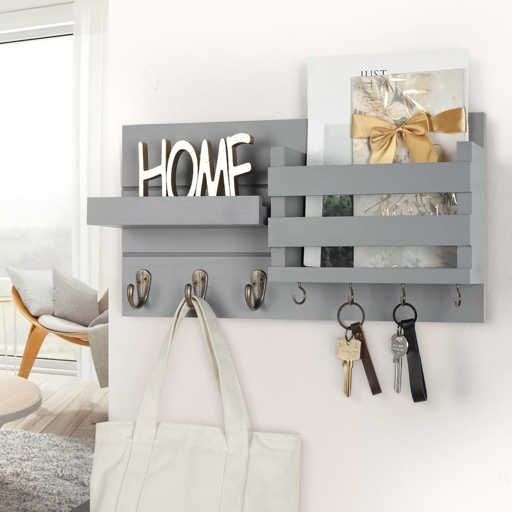 Mail Organizer for Wall Mount – Key Holder with Shelf Includes Letter Holder and Hooks for Coats, Dog Leashes – Rustic Wood with Flush Mounting Hardware (16.5” x 8.7” x 3.5”)