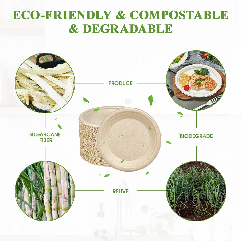 Vplus 150 Pack Paper Plates 9 inch 100% Compostable, Heavy-Duty Disposable Paper Plates Bagasse Natural Biodegradable Eco-Friendly Sugarcane