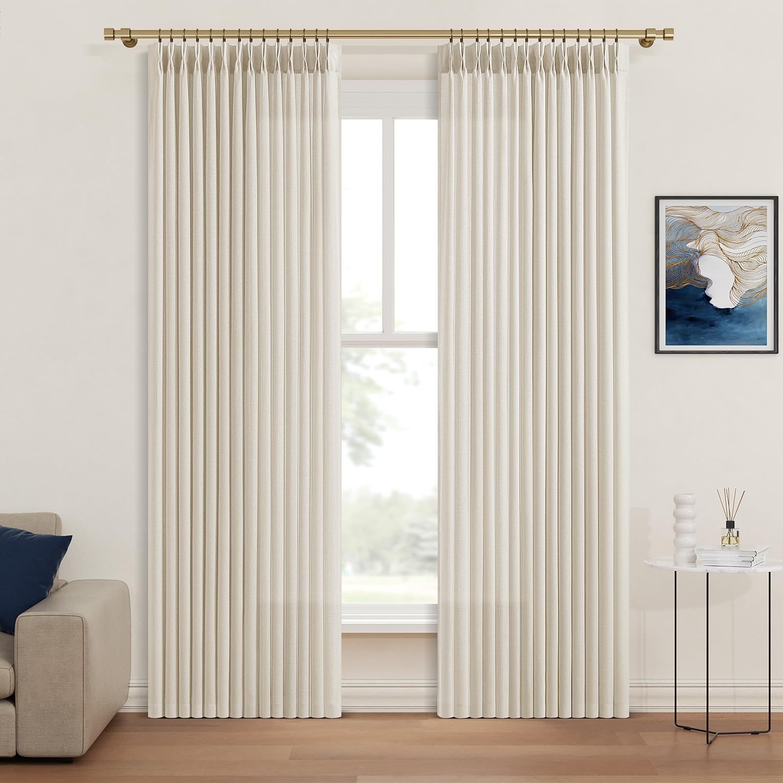 Pinch Pleated Linen Curtains 96 Inches Extra Long Olive Green Drapes, Thick Linen Light Filtering Memory Trained Pleat Curtain for Living Room and Bedroom Privacy 2 Panels Texture with Back Tab