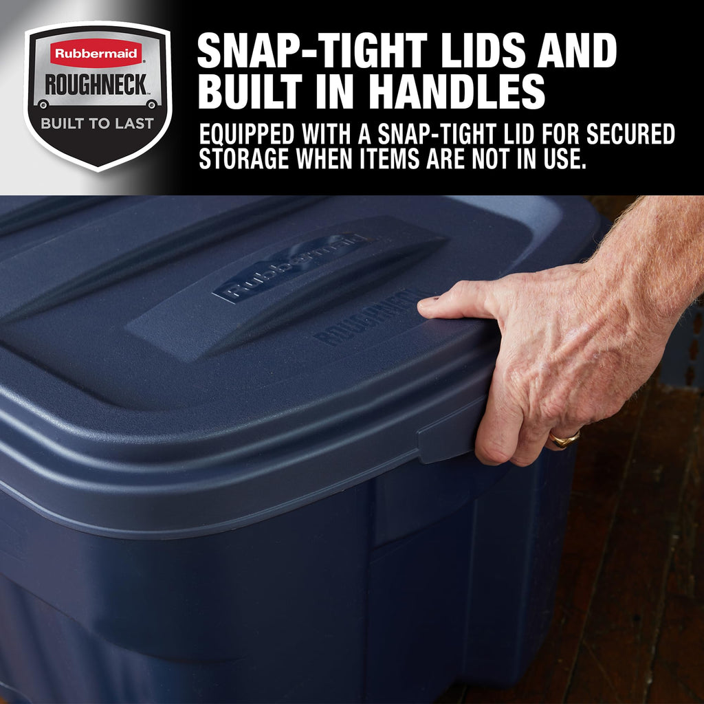 Rubbermaid Roughneck Tote 14 Gal, 6 Pack, Made in USA, Dark Indigo Metallic, Rugged Plastic Stackable Storage Bins with Lids and Handles