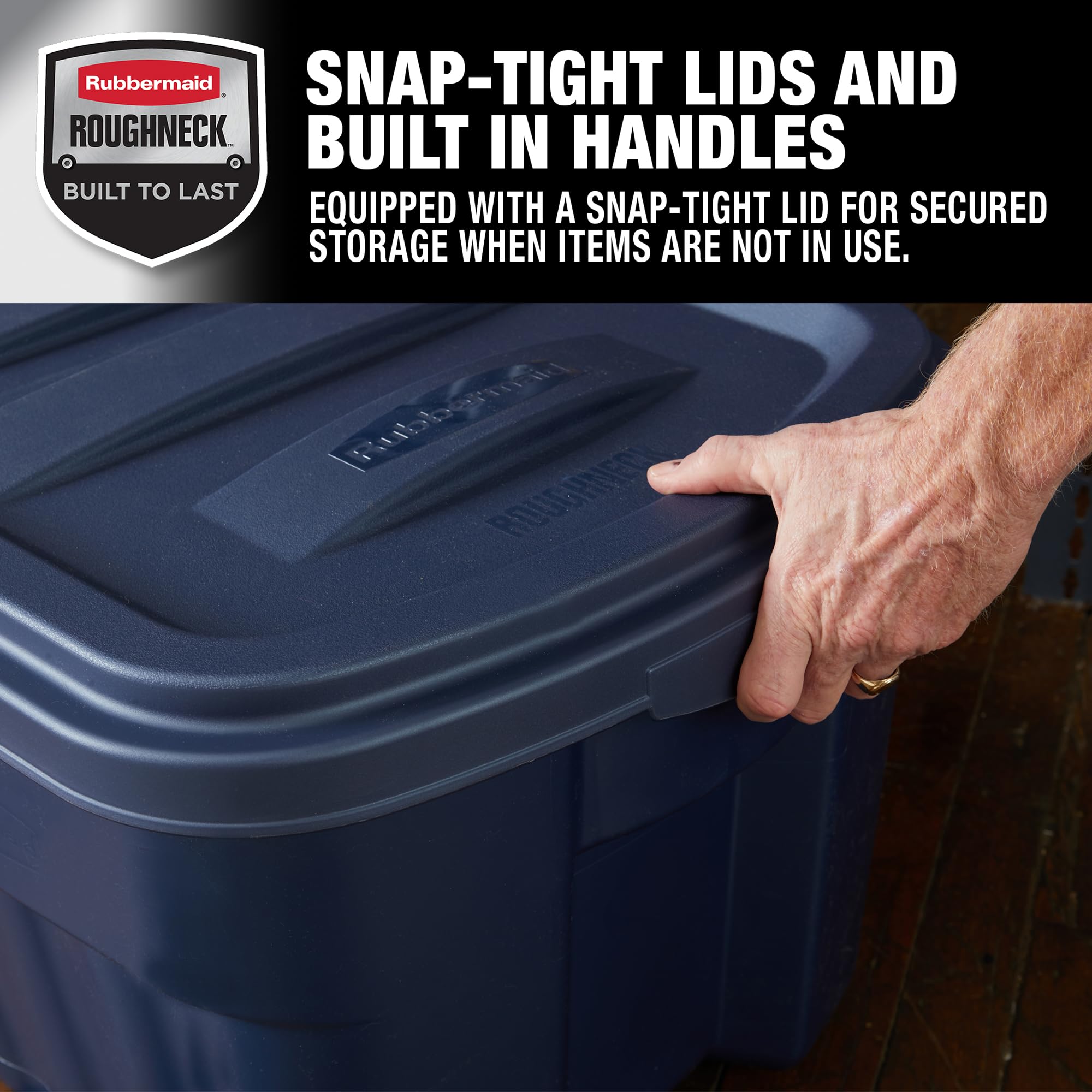 Rubbermaid Roughneck Tote 14 Gal, 6 Pack, Made in USA, Dark Indigo Metallic, Rugged Plastic Stackable Storage Bins with Lids and Handles