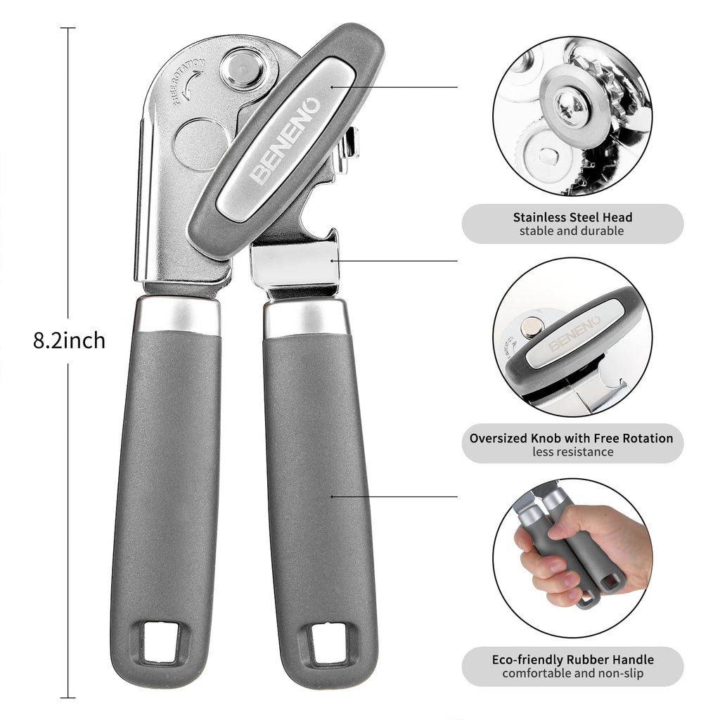 Beneno Heavy Duty Hand Can Opener Manual with Magnet, Durable Sharp Carbon Steel Blade Smooth Cutting, Big Effort-Saving Knob & Soft Grip Handle, Multifunctional Kitchen Tool with Bottle Opener, Green