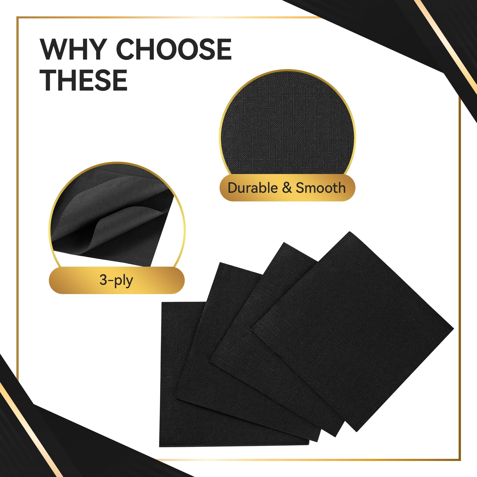 Vplus 1000 Pack Black Cocktail Napkins, Elegant Beverage Napkins, 3-Ply Disposable Paper Napkins 4.9x4.9 inch, Perfect for Restaurant, Bar, Party, Wedding, Dessert Napkins