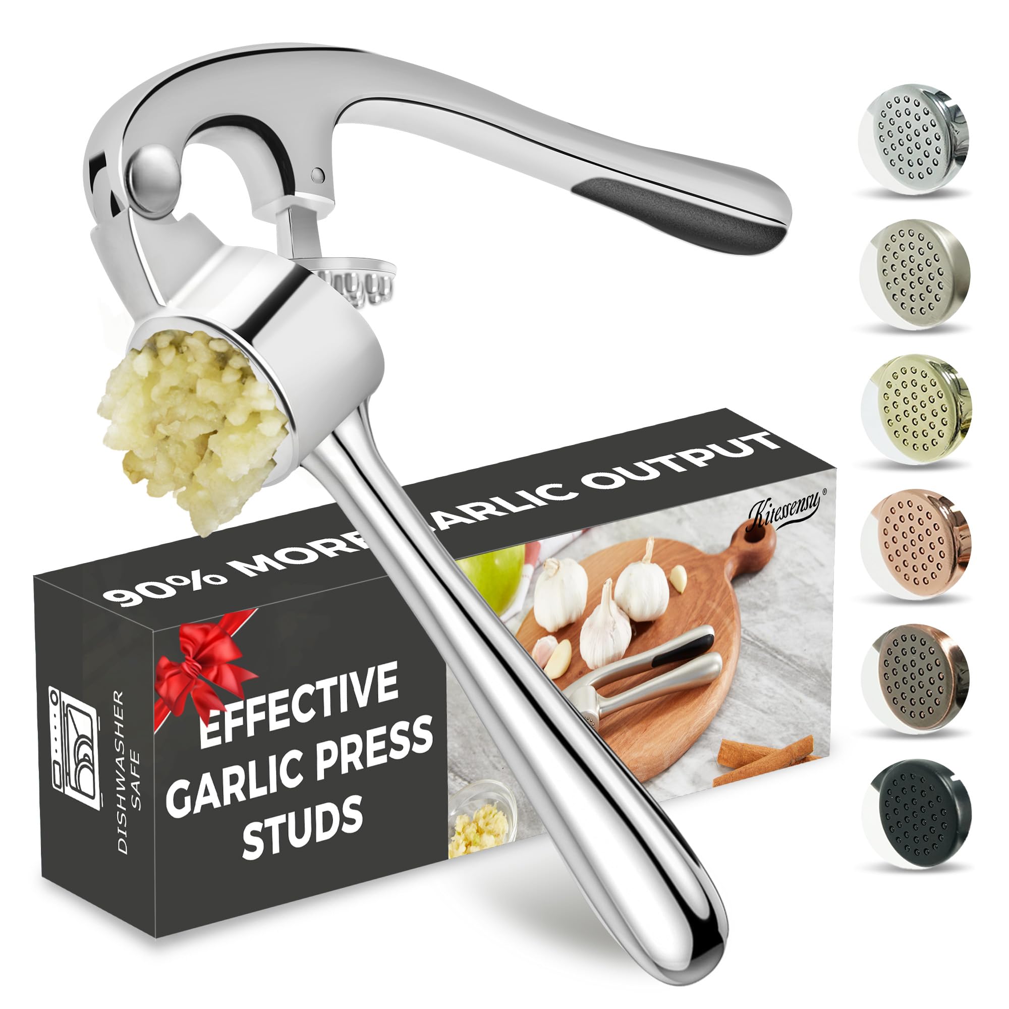 Kitessensu High Effective Garlic Press With Studs, Heavy Duty Garlic Mincer, Easy to Squeeze and Clean, Rust Proof & Dishwasher Safe, Ginger Crusher- Imperial Silver