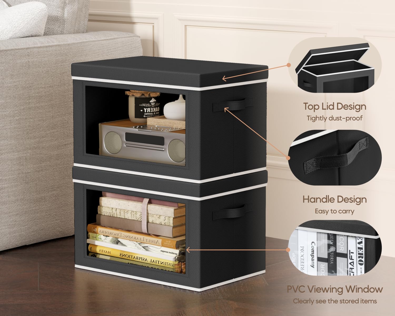 Homsorout Collapsible Storage Bins with Lids - Stackable Storage Containers with Window, 6 Pack Fabric Organizing Bins for Closet, Home & Office Organization Baskets, Beige, 14.9" x 9.8" x 9.8"