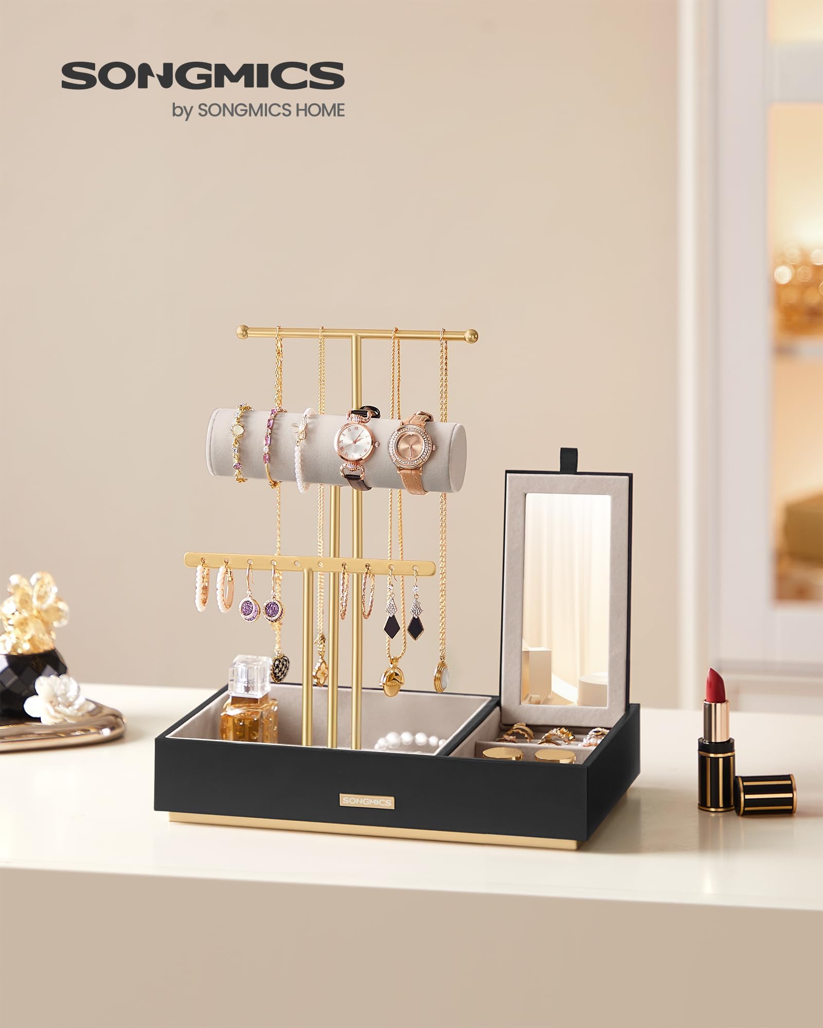 SONGMICS Jewelry Holder, Jewelry Organizer, Jewelry Display Stand, Metal Earring Organizer with Mirror, with Necklace Earring Bracelet Holder, for Rings, Gift Idea, Black and Gold UJJS022B01
