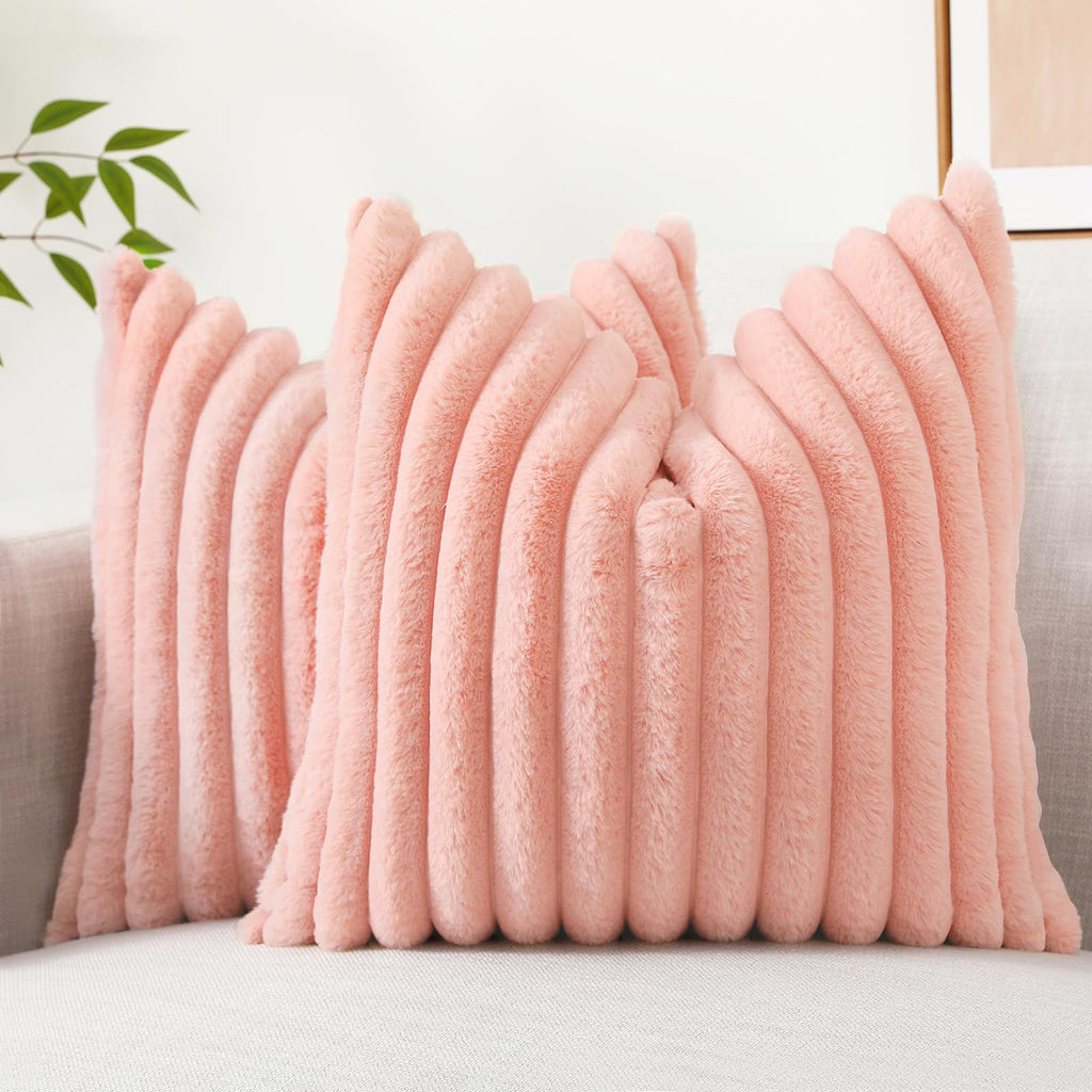 decorUhome Cozy Faux Fur Spring Throw Pillow Covers 18x18 Set of 2 Decorative Soft Plush Striped Modern Farmhouse Boho Couch Pillow Cases with Velvet Back for Sofa Bed Living Room, Cream White