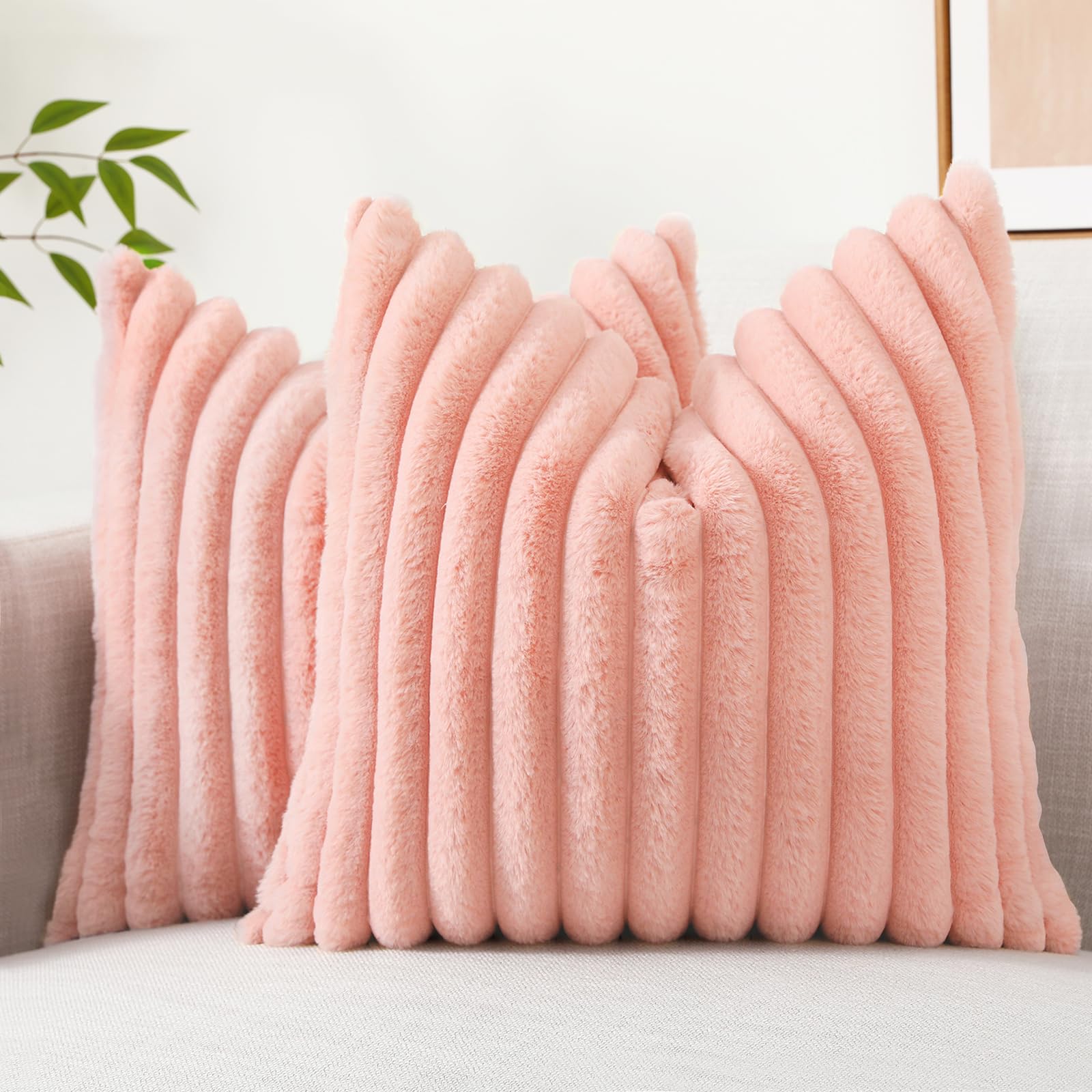 decorUhome Cozy Faux Fur Spring Throw Pillow Covers 18x18 Set of 2 Decorative Soft Plush Striped Modern Farmhouse Boho Couch Pillow Cases with Velvet Back for Sofa Bed Living Room, Cream White