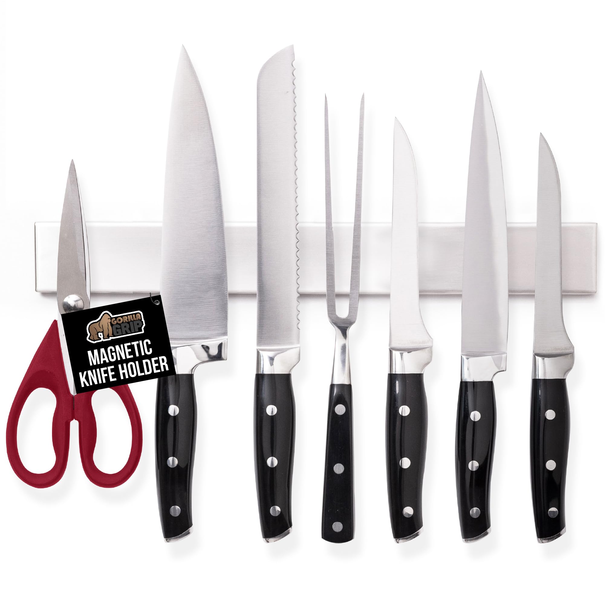 GORILLA GRIP 304 Stainless Steel Magnetic Knife Holder for Wall, Magnet Bar for Knives, Tools, Heavy Duty Metal Strip Holds Up to 6 lbs, Kitchen Home Organizer, 10 in, Non-Adhesive, Drilling Required