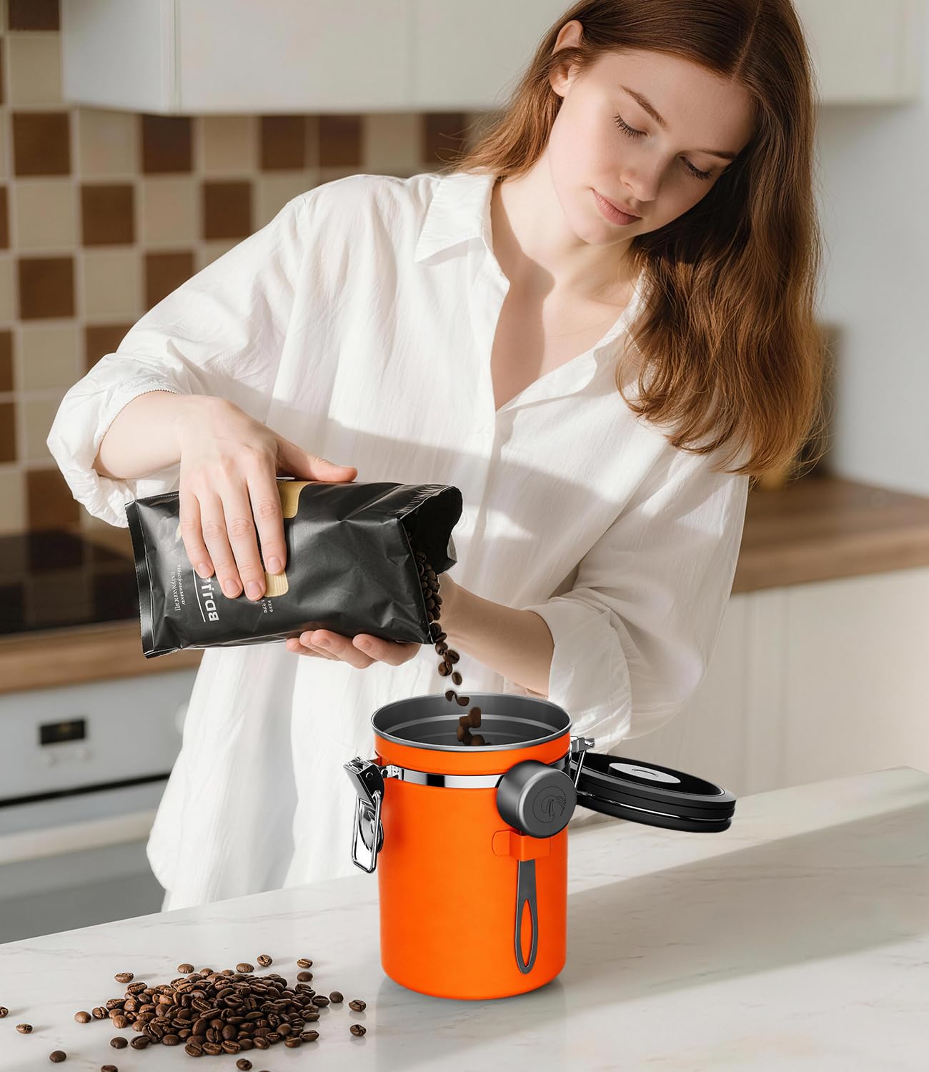 Coffee Gator Stainless Steel Canister - Medium 16oz, Gray Coffee Grounds and Beans Container with Date-Tracker, CO2-Release Valve, and Measuring Scoop - Ideal Coffee Lovers Gifts