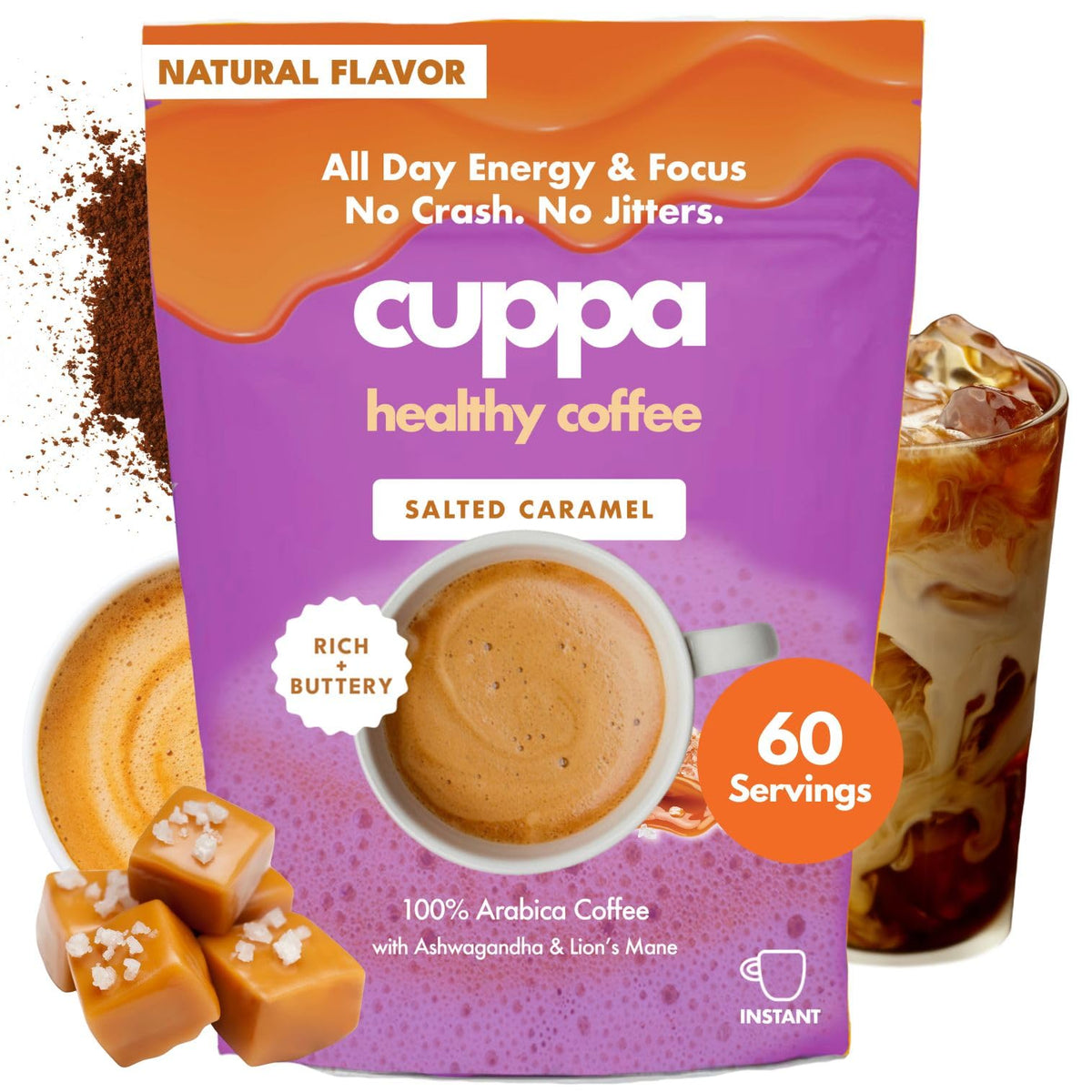 Cuppa Medium Roast Mushroom Coffee with Adaptogens & Superfoods - Lion’s Mane, Ashwagandha & Cordyceps. Adaptogens + MCT to support natural energy, mental focus & gut health (30 Servings)