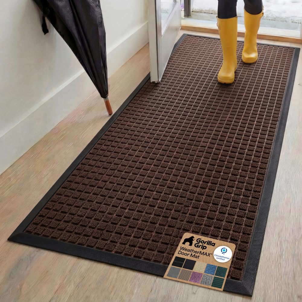 GORILLA GRIP 100% Waterproof All-Season WeatherMAX Doormat US Designed Natural Rubber, Stain Fade Resistant, Low Profile Indoor Outdoor Front Door Mats Outside Entrance, Easy Clean 29x17 Gray Diamond