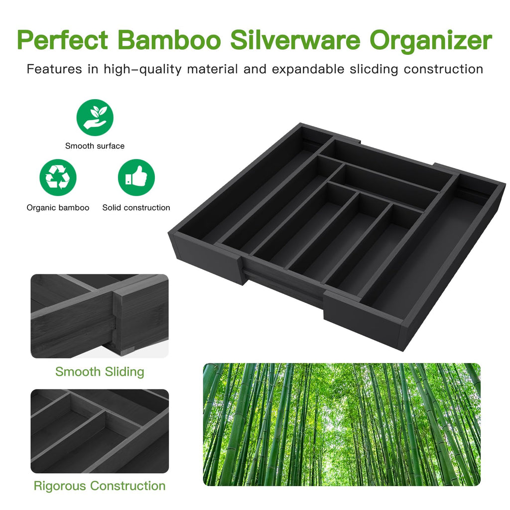 Pipishell Bamboo Expandable Silverware Drawer Organizer, Adjustable Kitchen Utensil Tray for Forks, Spoons and Knives, Wood Storage Cutlery Holder for Bedroom and Living Room