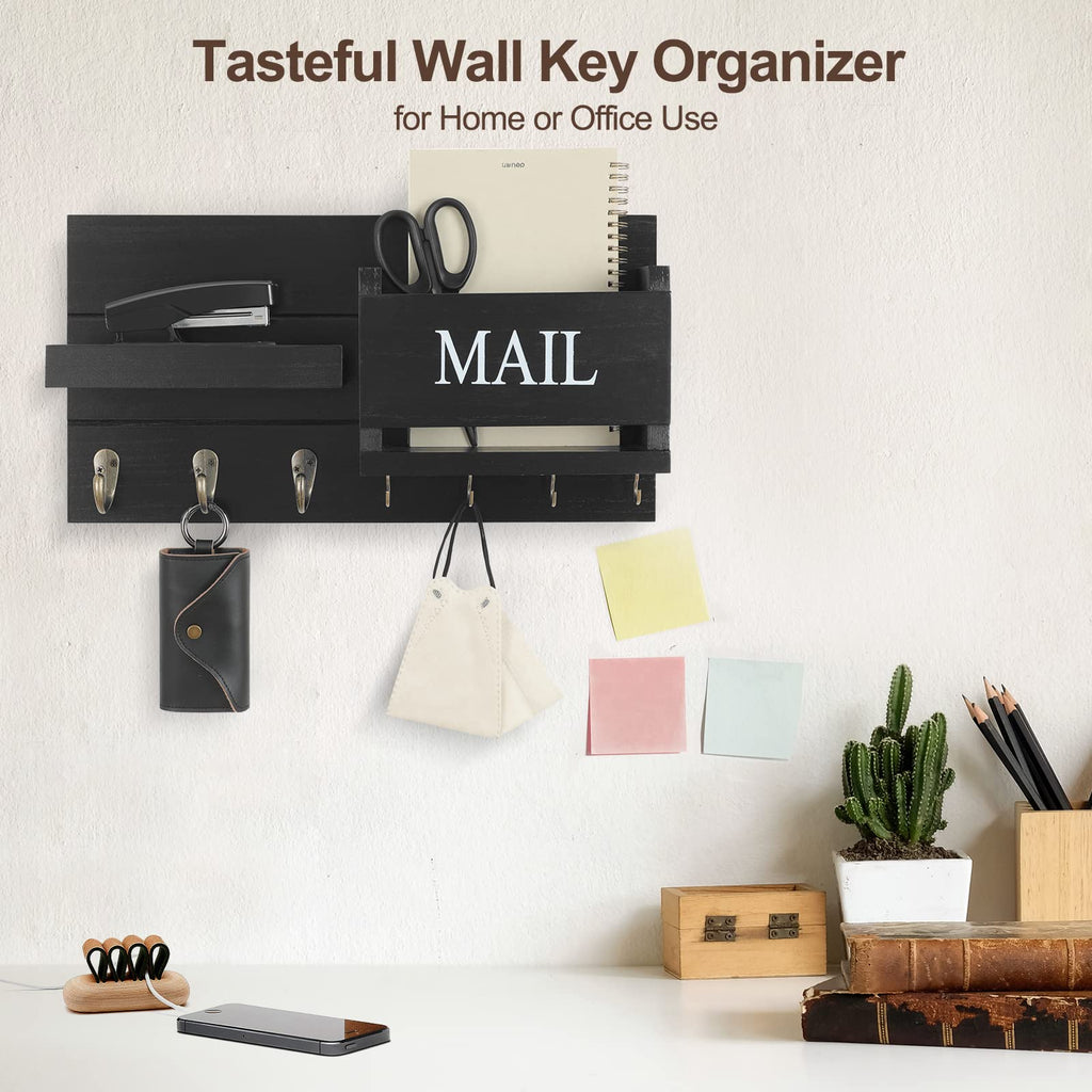 Mail Organizer for Wall Mount – Key Holder with Shelf Includes Letter Holder and Hooks for Hallway Farmhouse Decor – Rustic Wood with Flush Mounting Hardware (16.5” x 9.1” x 3.4”) (White)
