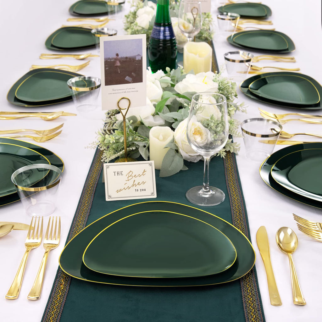DaYammi 210Pcs White Gold Plastic Plates for Party,Gold Disposable Dinnerware Set Includes 60 gold Floral Plates,30 Plastic Silverware,30 Per Rolled Napkins,30 Cups for Mother's Day Party Wedding