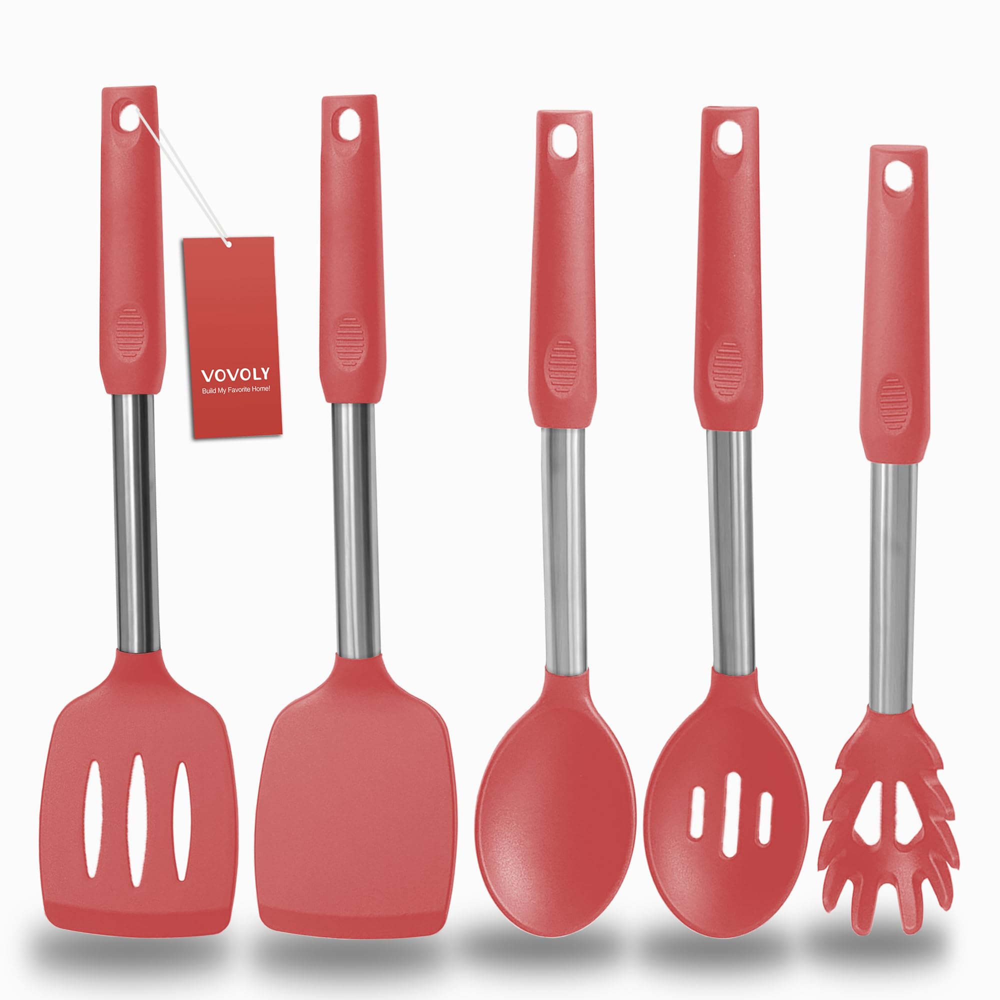 Silicone Spatula and Cooking Spoon,5 Pack Non-Stick Cooking Utensils for Kitchen，Heat Resistant Solid & Slotted Spoons and Spatulas, Stainless Steel Handle Coated with Silicone,Black