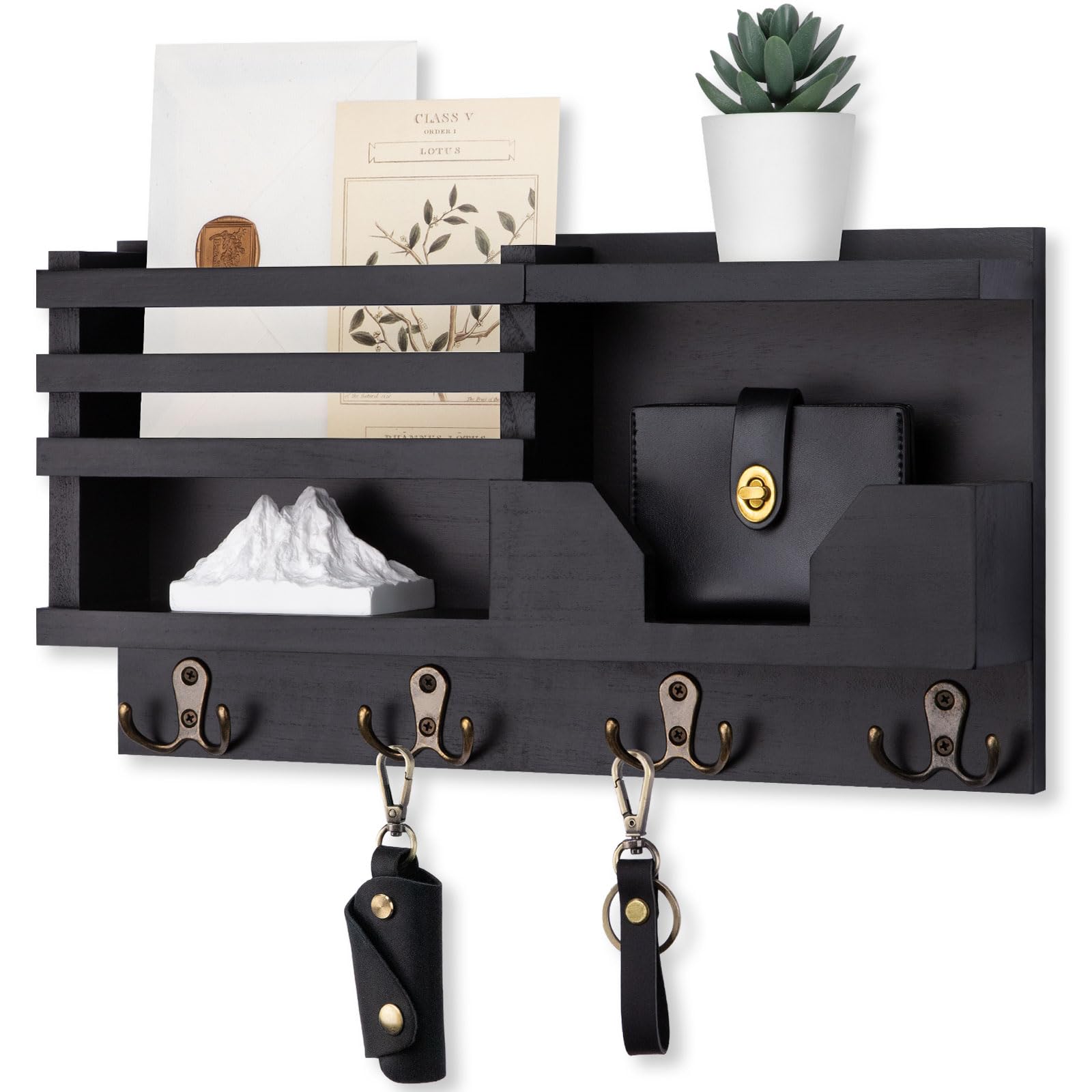 Mail and Key Holder for Wall – Decorative 15.9” x 8.7” x 3.2” Entryway Organizer with Shelf – Paulownia Wood with 4 Dual Hooks Includes Mounting Hardware and Installation Guide