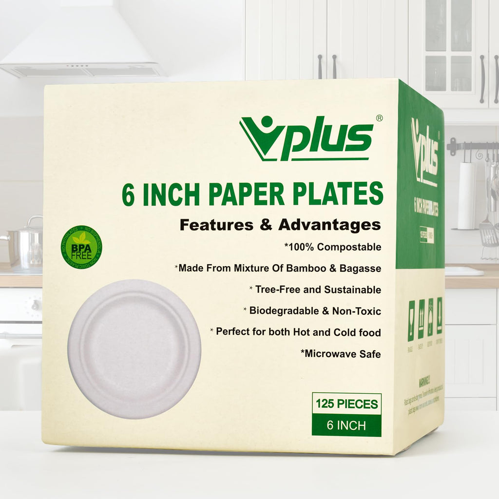 Vplus 150 Pack Paper Plates 9 inch 100% Compostable, Heavy-Duty Disposable Paper Plates Bagasse Natural Biodegradable Eco-Friendly Sugarcane