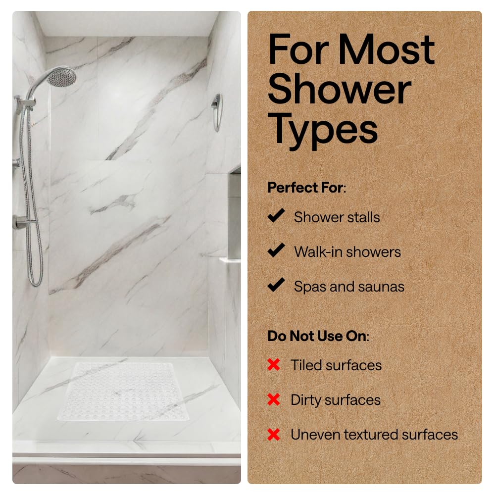 GORILLA GRIP Patented Bath Tub Shower Mat, Machine Washable Bathtub Floor Liner Mats, Suction Cups and Drain Holes to Keep Tubs Clean, Soft on Feet, Bathroom Essentials, 35x16 Inch, Clear
