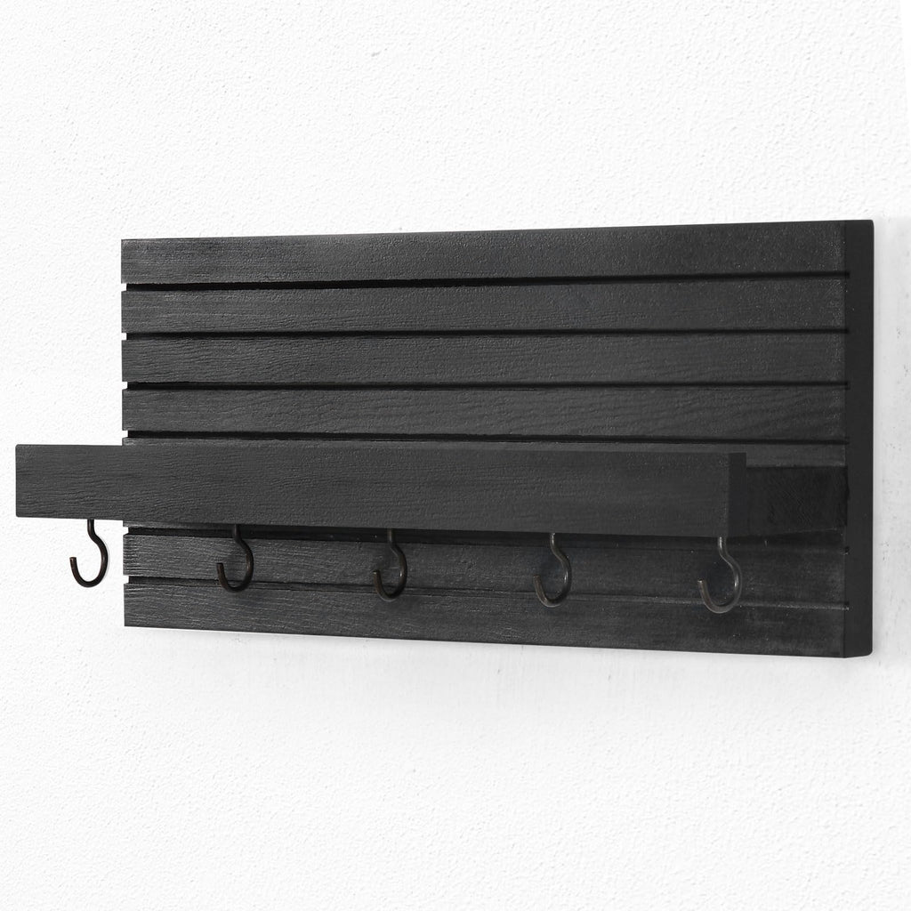 Decorative Key Holder for Wall with Shelf, Entryway Shelf with Hooks Holds Leashes, Jackets and Glasses – Sturdy Wood Keyholder Entrance Hanger with Mounting Hardware (Black, Medium)