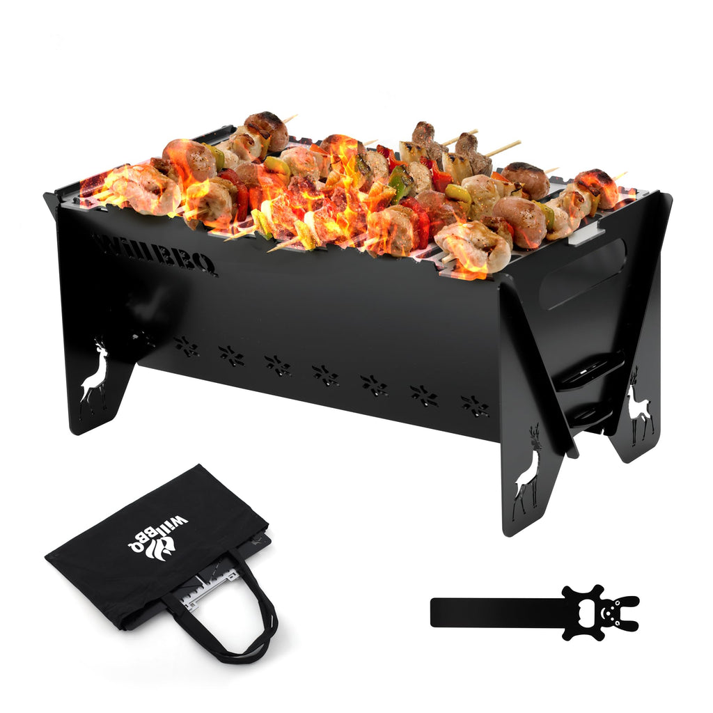 WILLBBQ Charcoal Grills Quality Portable Detachable Folding,Skewers Campfire Grill,Hibachi Backpacking BBQ Grill,Easy Portability For Outdoor Barbecues Camping Picnics Garden Party(15.8x8.5x7.5 inch)