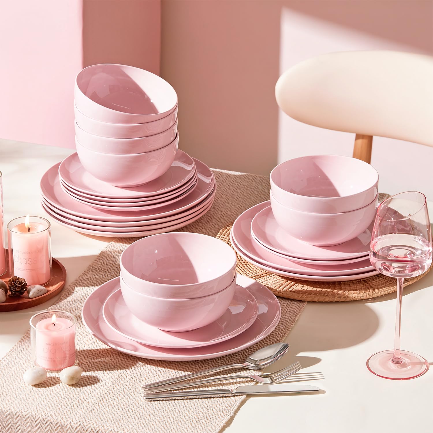 KINGSTONE 12-Piece Bone China Dinnerware Set for 4, Lightweight and Durable, Microwave and Dishwasher Safe, White Plates and Bowls for Everyday Use