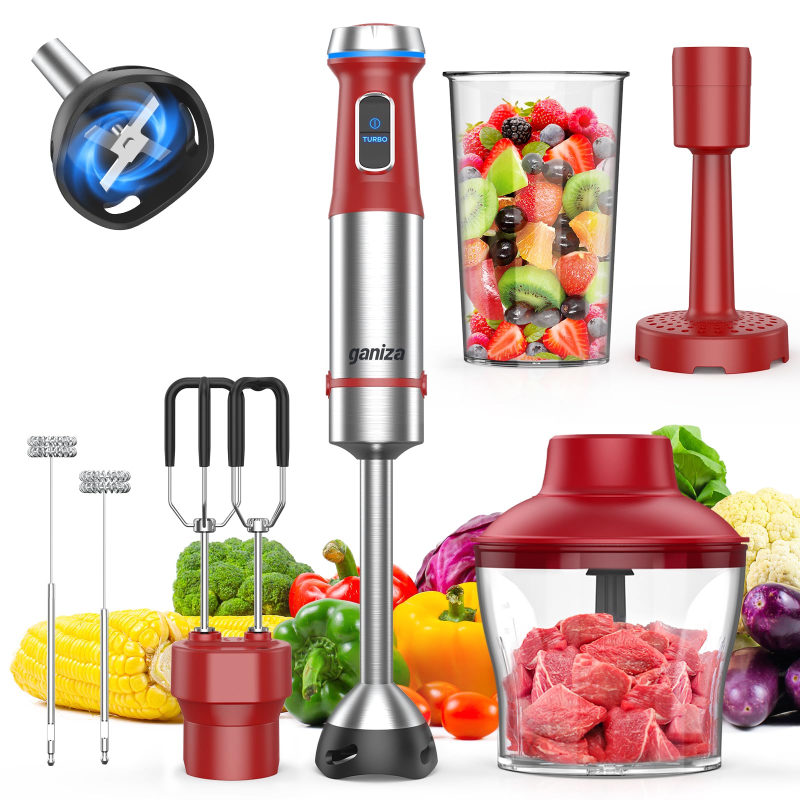 Ganiza Immersion Blender Handheld, 6 in 1 Hand Blender Stainless Steel Blade, 15 Speed Stick Blenders Electric, 800ml Mixing Beaker, 600ml Chopper, Whisk, Frother, Potato Masher