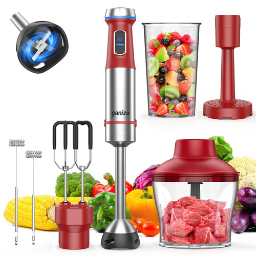 Ganiza Immersion Blender Handheld, 6 in 1 Hand Blender Stainless Steel Blade, 15 Speed Stick Blenders Electric, 800ml Mixing Beaker, 600ml Chopper, Whisk, Frother, Potato Masher