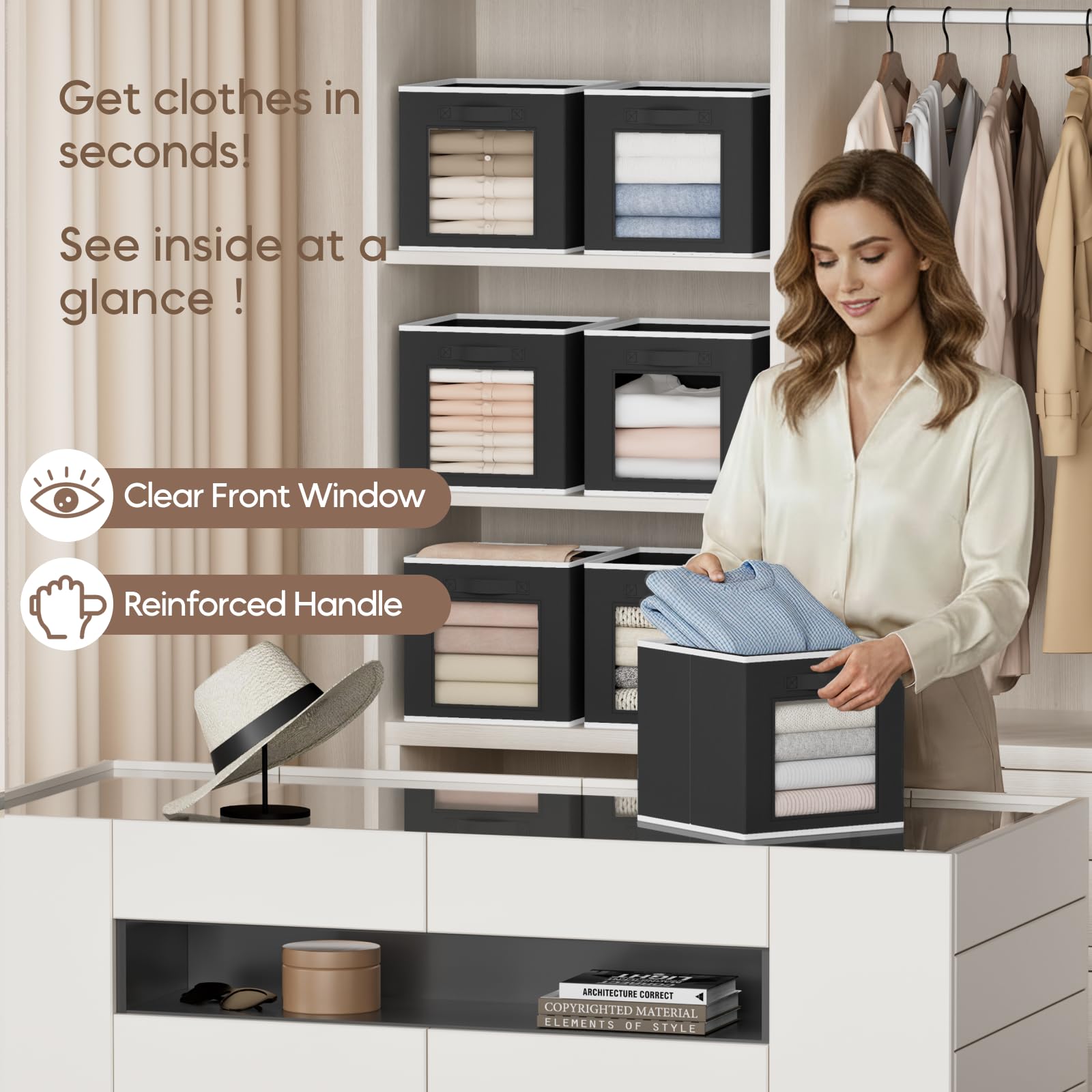 Homsorout Storage Cube 11 Inch - Cube Storage Bins with Window, Closet Storage Baskets with Handle, Fabric Bins for Closet, Shelves, Toys, Clothes, Set of 6, Grey
