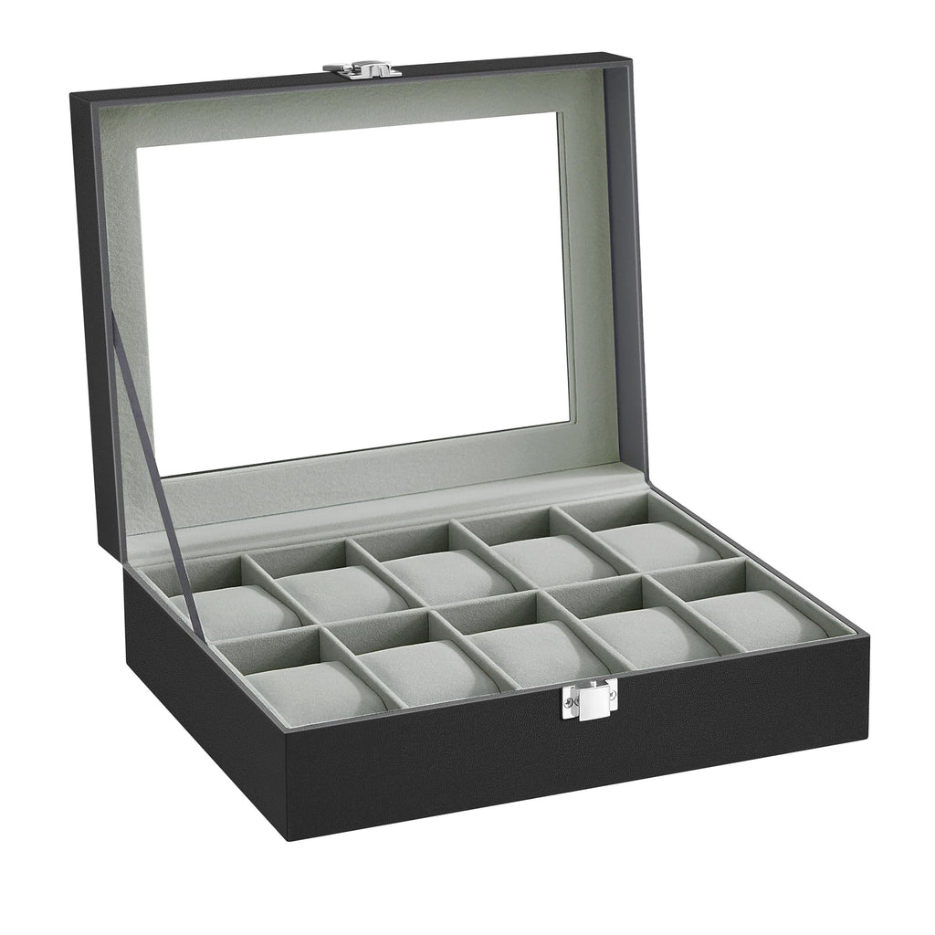 SONGMICS Watch Box, 12-Slot Watch Case Organizer with Large Glass Lid, Removable Pillows, Gift for Loved Ones, Black Synthetic Leather, Gray Lining UJWB12BK