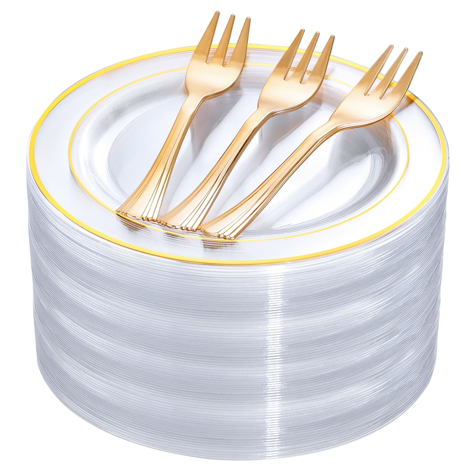 DaYammi 240Pcs Dessert Plates Include 120Pcs Gold Cake Plates 6.3inch with 120Pcs Gold Plastic Forks 5.7inch,Clear gold plates Disposable Salad Plate for Party Appetizer Plate for Wedding Birthday