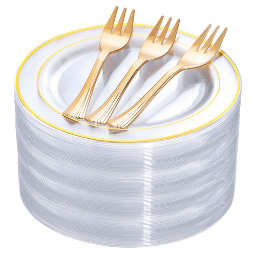 DaYammi 240Pcs Dessert Plates Include 120Pcs Gold Cake Plates 6.3inch with 120Pcs Gold Plastic Forks 5.7inch,Clear gold plates Disposable Salad Plate for Party Appetizer Plate for Wedding Birthday