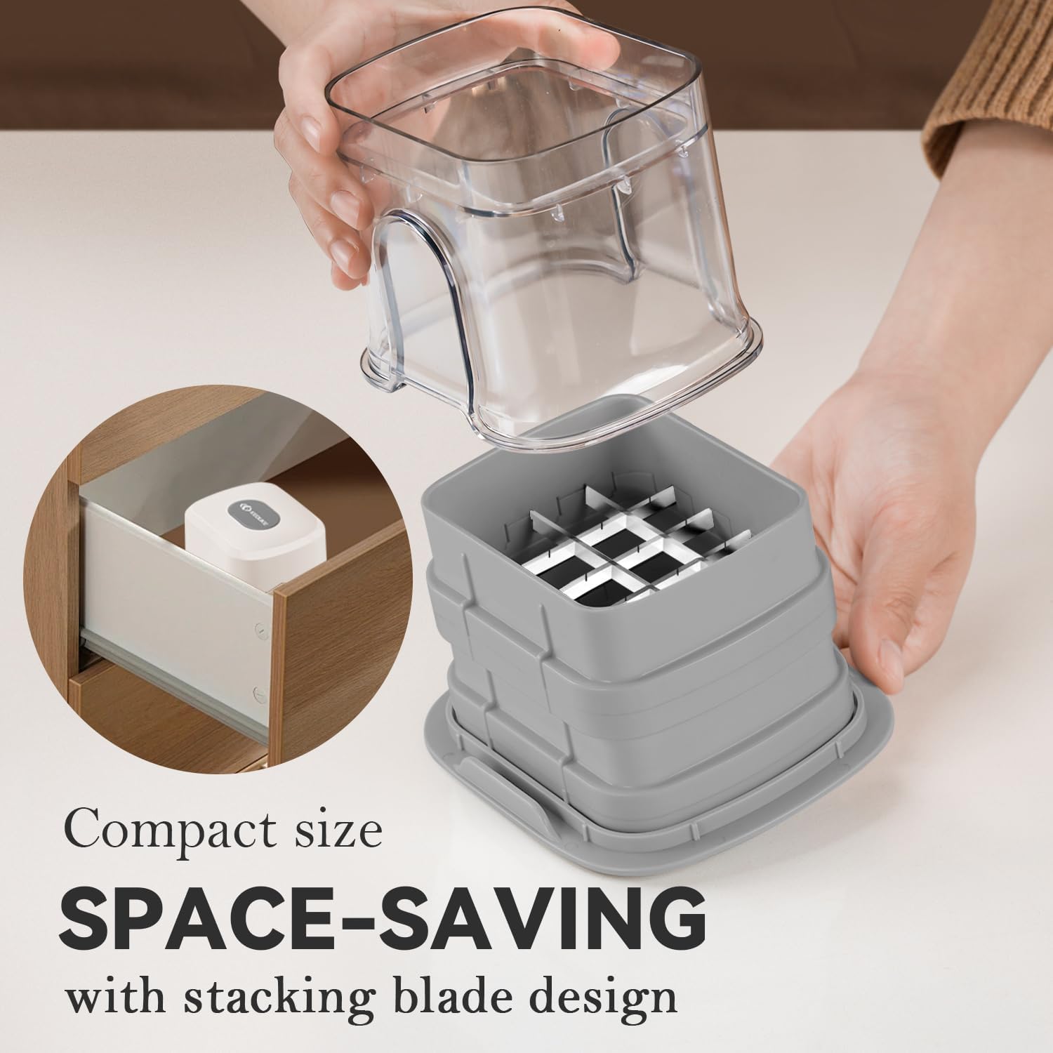 KEOUKE Multifunctional Vegetable Chopper White - 3 Interchangeable Blades Potato French Fry Cutter with Container & Storage Box Food Chopper Dicer for Cucumber, Tomato, Carrot, Onion