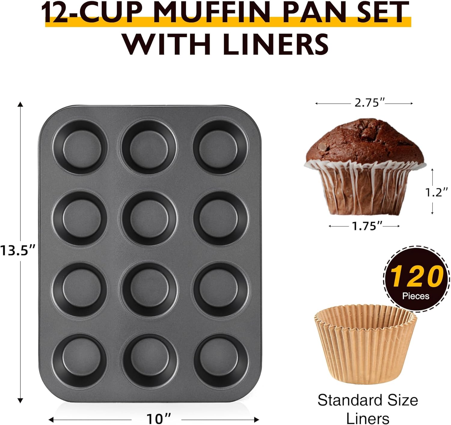 HONGBAKE Muffin Pans with 120 Liners, Cupcake Tins Nonstick 12, Premium Baking Tray, Standard Size, 2 Pack, Dark Grey