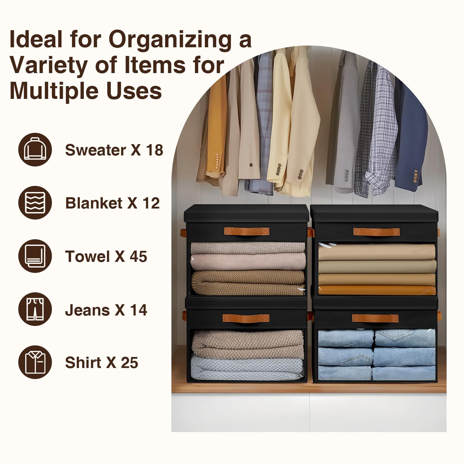 Homsorout Large Storage Bins with Lids - 4 Pack Foldable Decorative Organizers with Clear Windows & Handles, Cube Storage Organizers for Clothes, Blankets, Sweaters, Sheets, Beige