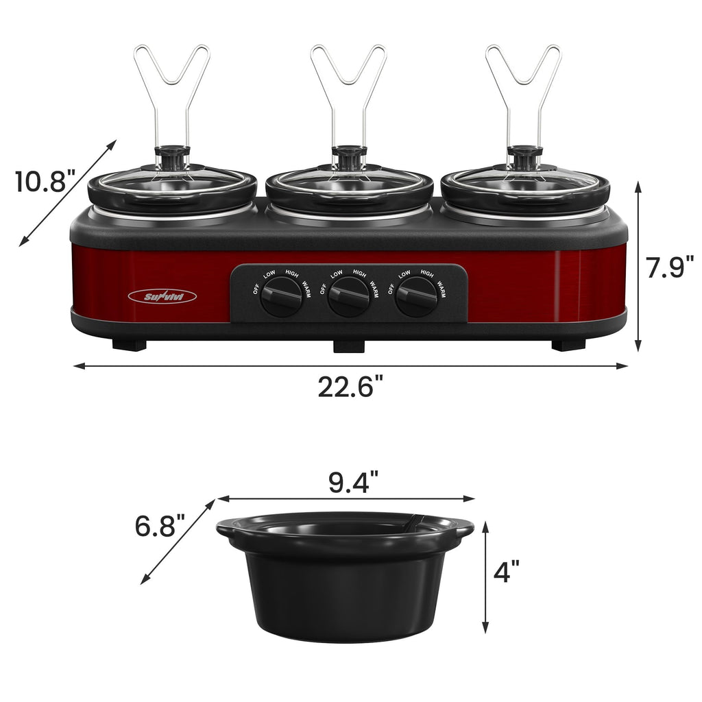 SUNVIVI Triple Slow Cooker, Buffet Food Warmer with 3 x 1.5 QT Removable Ceramic Pots, Buffet Servers and Warmers with Glass Lids and 3 Spoons, Stainless Steel, Blue
