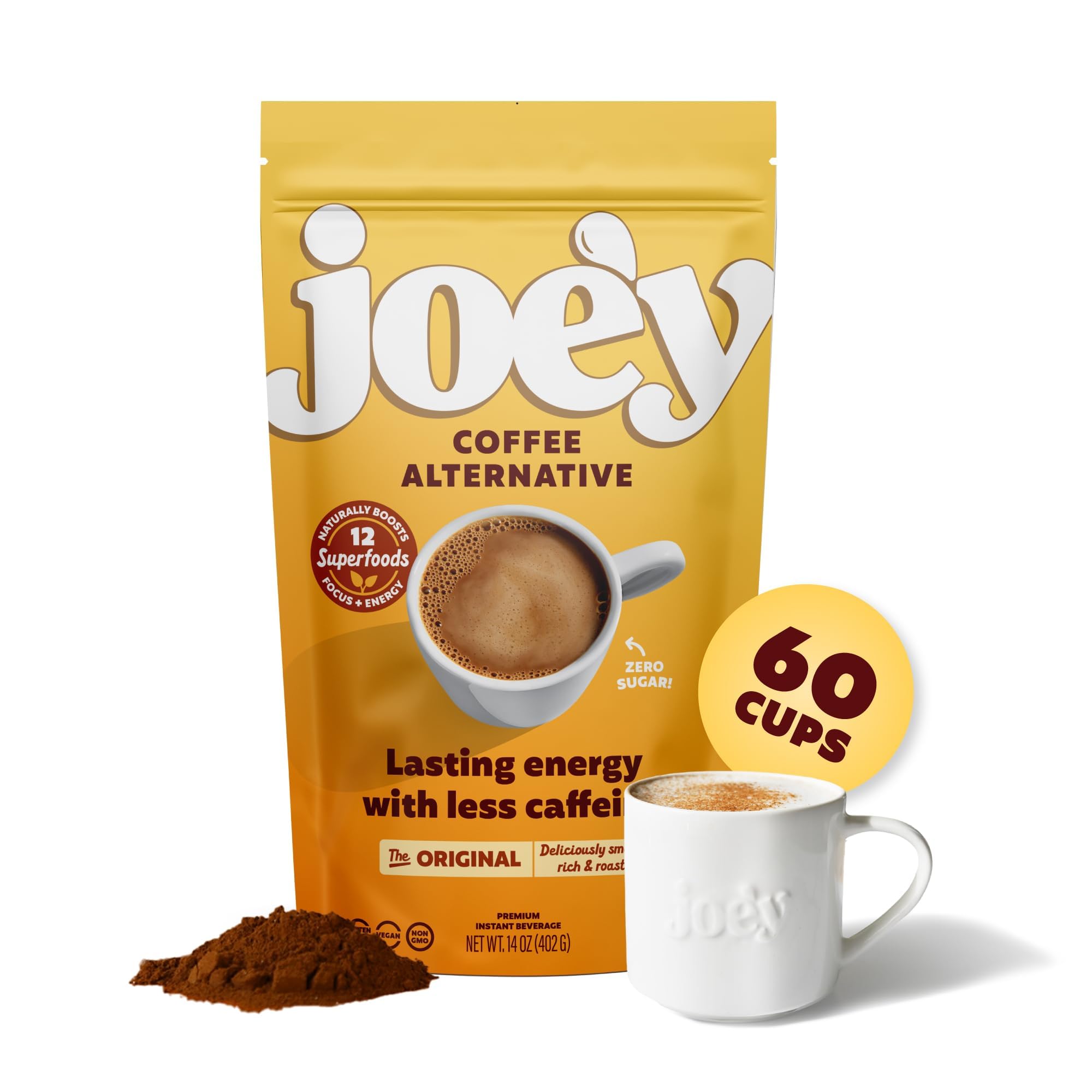 Joey Mushroom Coffee Alternative with Cacao Dandelion Root, and Chicory, Instant Mushroom Coffee Substitute with Superfoods, Vegan Gluten-Free Energy Drink for Focus and Calm, 18 Servings