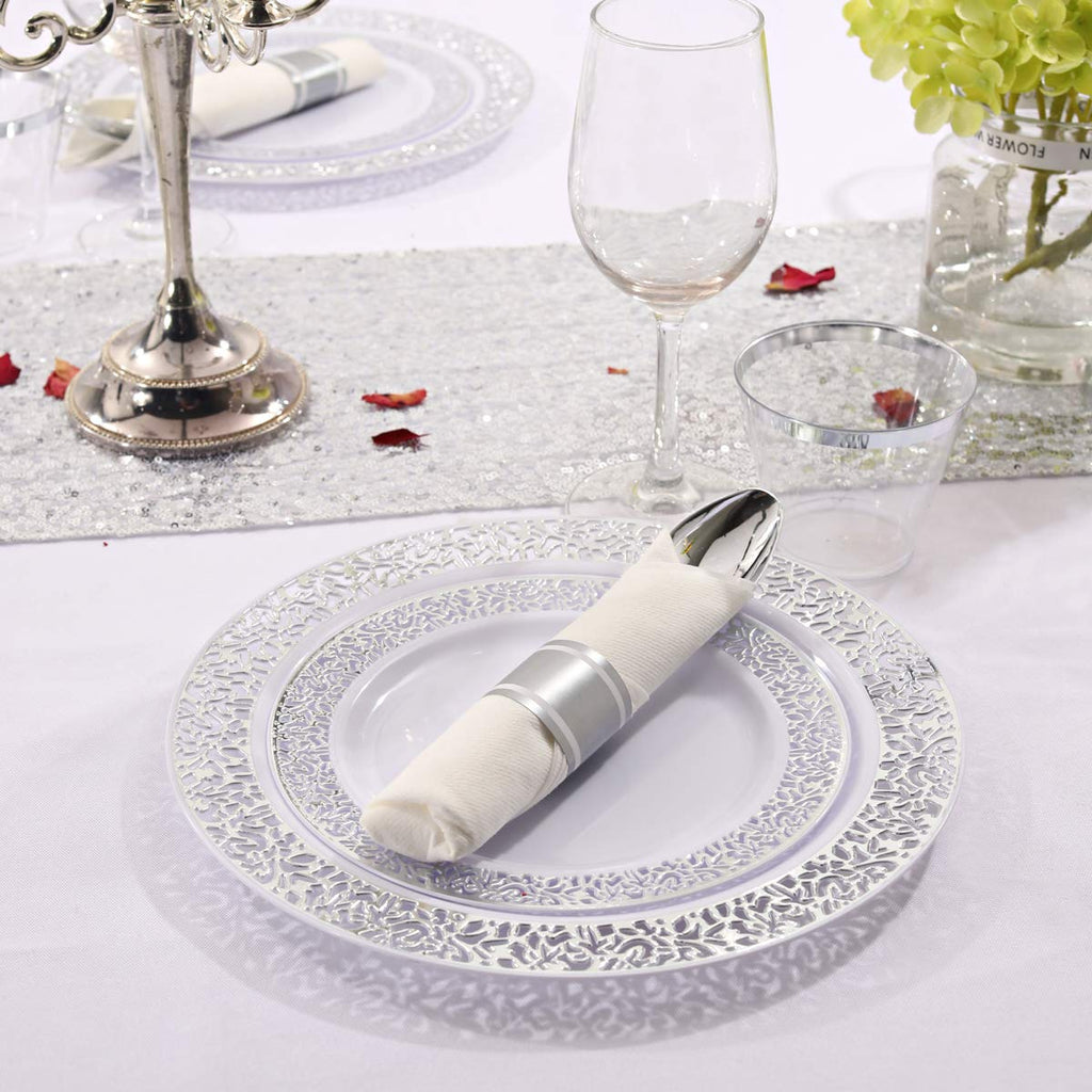 DaYammi 350PCS Gold Plastic Dinnerware Set for 50 Guests, Fancy Disposable Plates for Party, Include: 50 Dinner Plates, 50 Dessert Plates, 50 Pre Rolled Napkins with Gold Silverware, 50 Cups