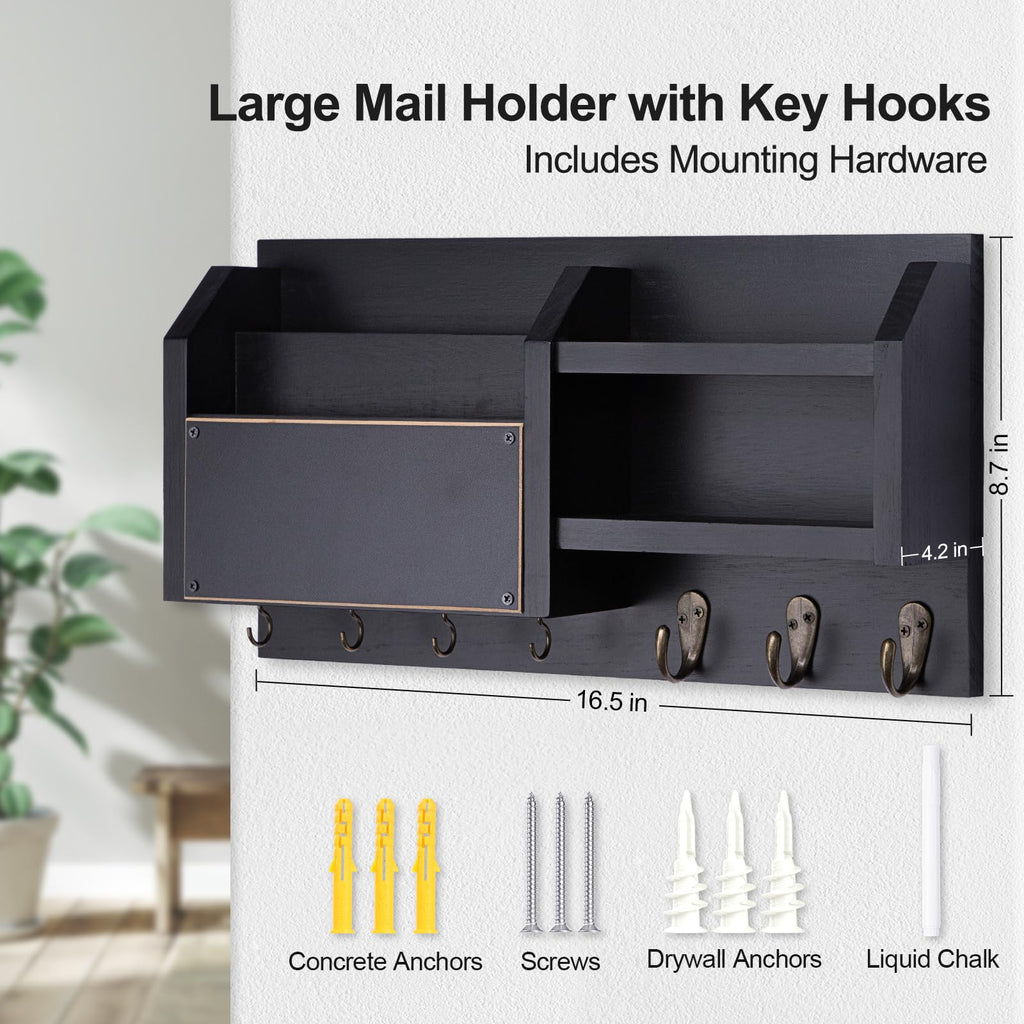 Mail and Key Holder – Wall Mount Key Hanger with Shelf and 7 Metal Hooks – Decorative Natural Paulownia Wood Entryway Organizer with Mounting Hardware (16.5”W x 8.7”H x 3.5”D) (Brown)