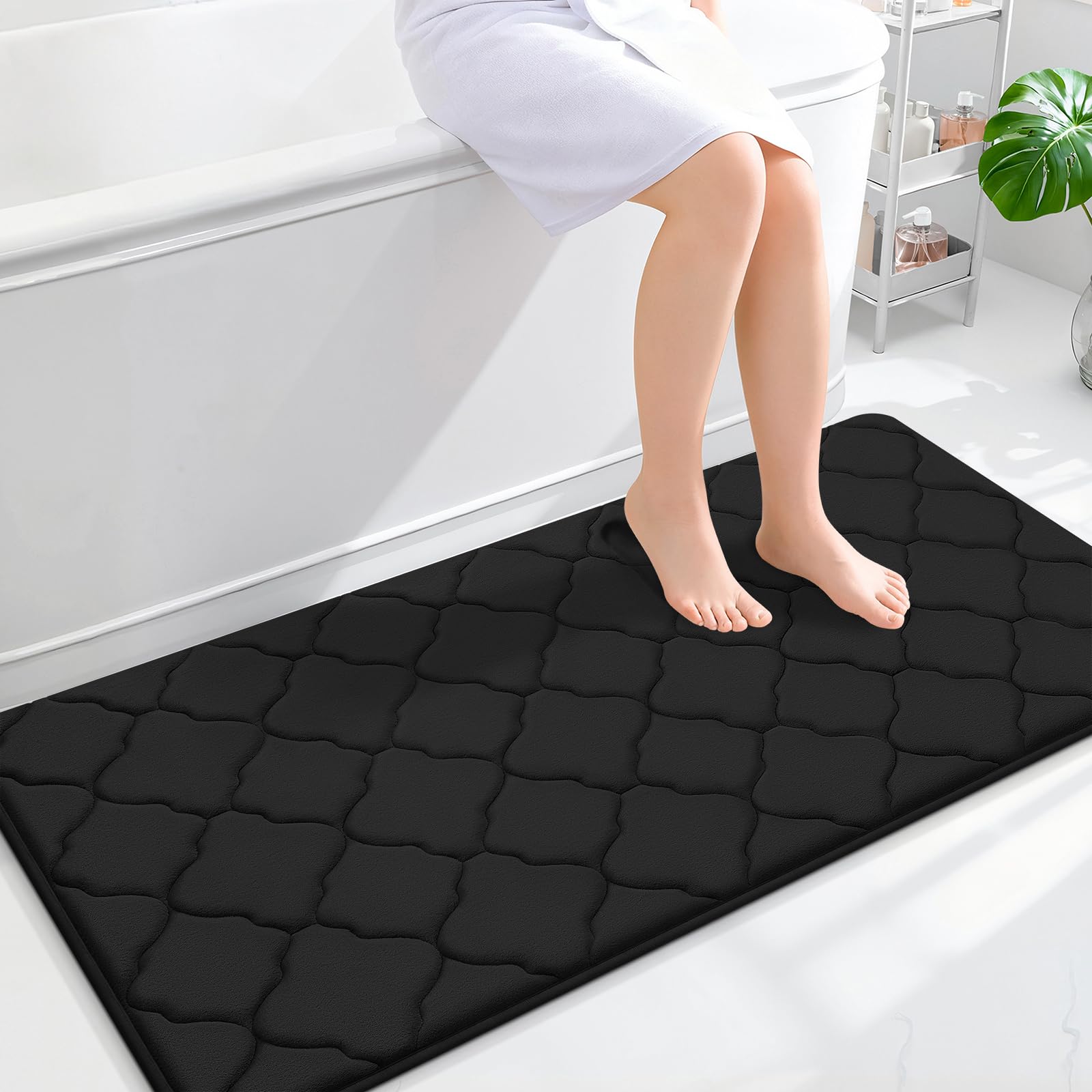 OLANLY Memory Foam Bath Mat Rug 24x16, Ultra Soft and Absorbent Bathroom Rugs, Non-Slip, Comfortable, Machine Washable Bath Carpet for Bathroom Floor, Tub, Shower and Home Decor Accessories, Black