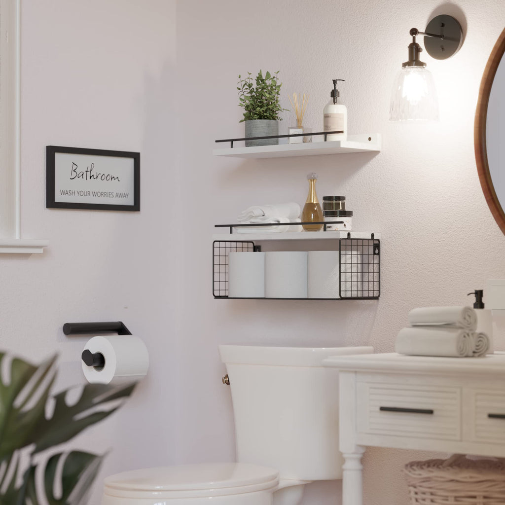 WOPITUES Floating Shelves for Wall Decor Sign, Bathroom Organizers and Storage, Bathroom Shelves Over Toilet with Metal Guardrail-Black