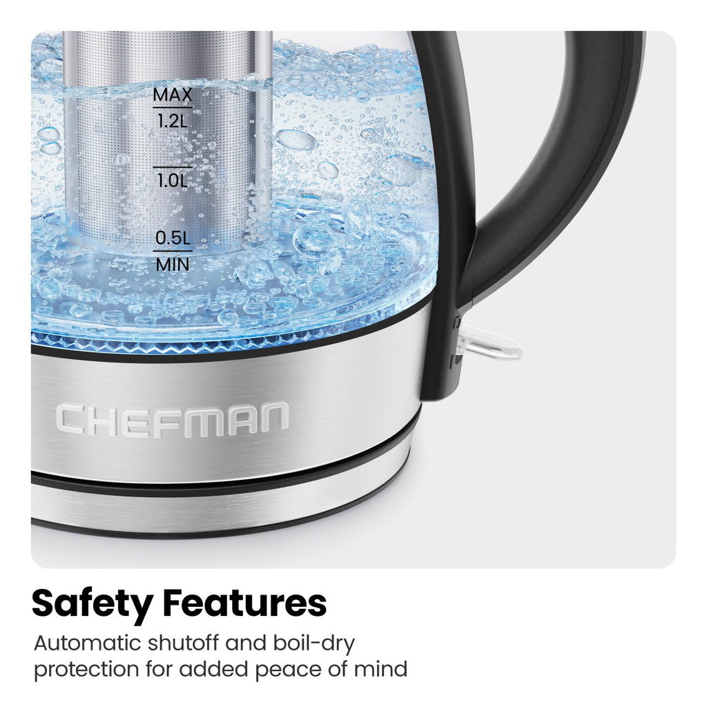Chefman Electric Kettle with Temperature Control, 5 Presets LED Indicator Lights, Removable Tea Infuser, Glass Tea Kettle & Hot Water Boiler, 360° Swivel Base, BPA Free, Stainless Steel, 1.8 Liters