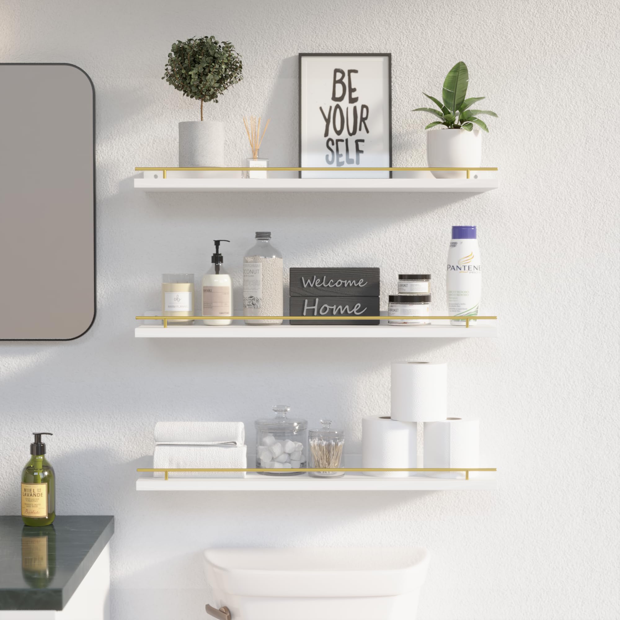 WOPITUES Floating Shelves with Black Metal Guardrail, Shelves for Wall Decor Set of 3, Wall Shelves for Bedroom, Bathroom, Kitchen, Living Room, Plants, Picture Frames, Art- Black