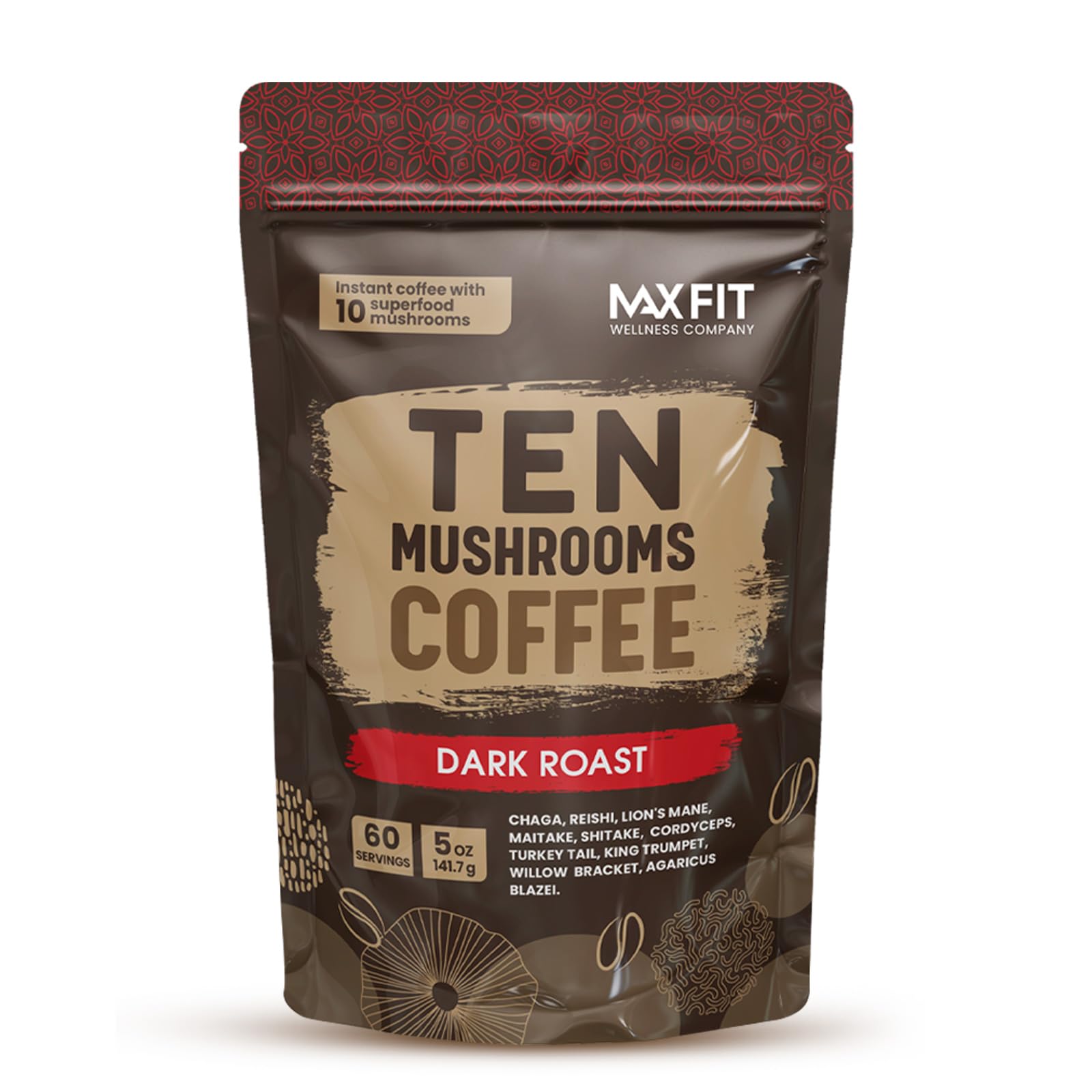 Mushroom Coffee (60 Servings) 10 Mushrooms (Lion’s Mane, Cordyceps, Turkey Tail & Other) Mixed With Gourmet Arabica Instant Immune Boosting Coffee for Focus & Gut Health Support